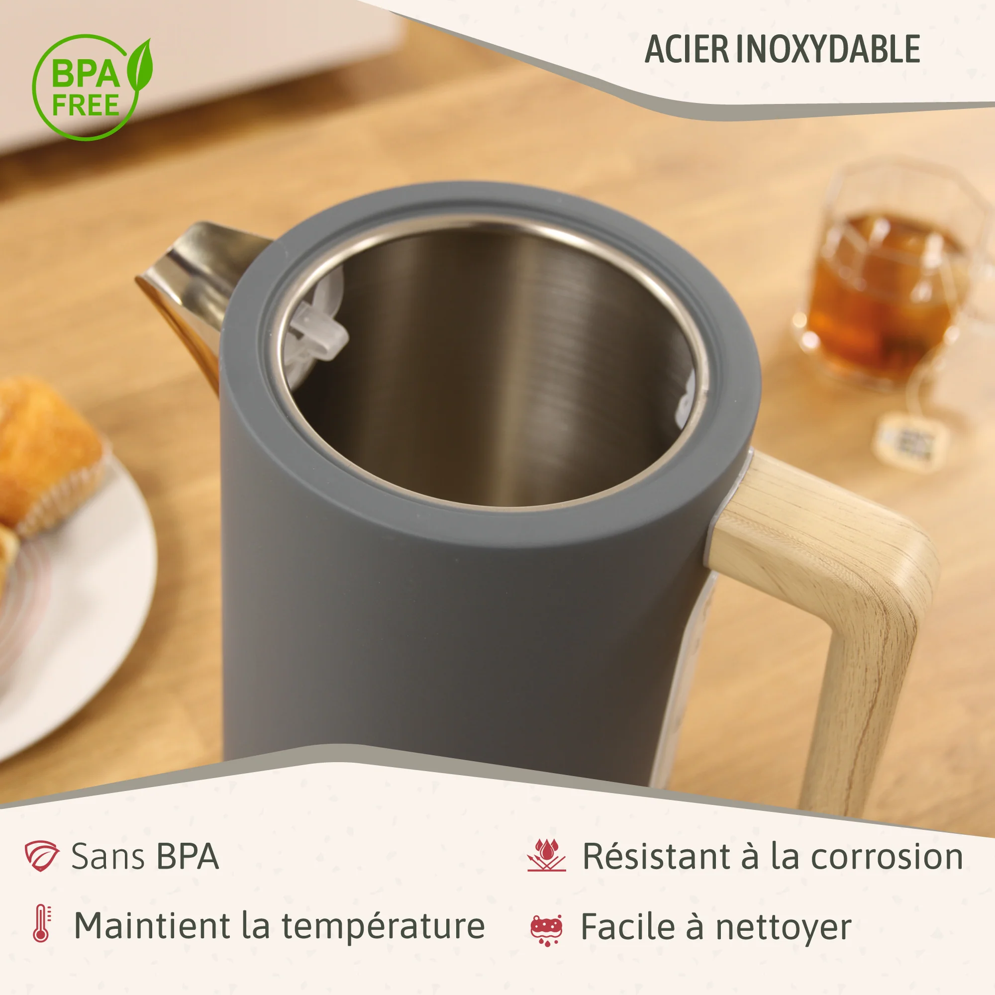 Briebe Nordic Hervidor Agua Eléctrico 1,7l Inalámbrico Ebullición Rápida, Libre De Bpa, Base De 360°, Kt1165gry, Gris - Image 5