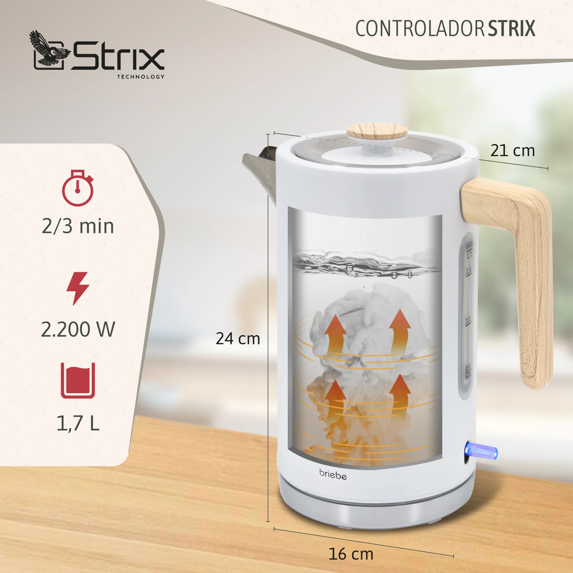 Briebe Nordic Hervidor Agua Eléctrico 1,7l Inalámbrico Ebullición Rápida, Libre De Bpa, Base De 360°, Kt1165wht, Blanco - Image 3
