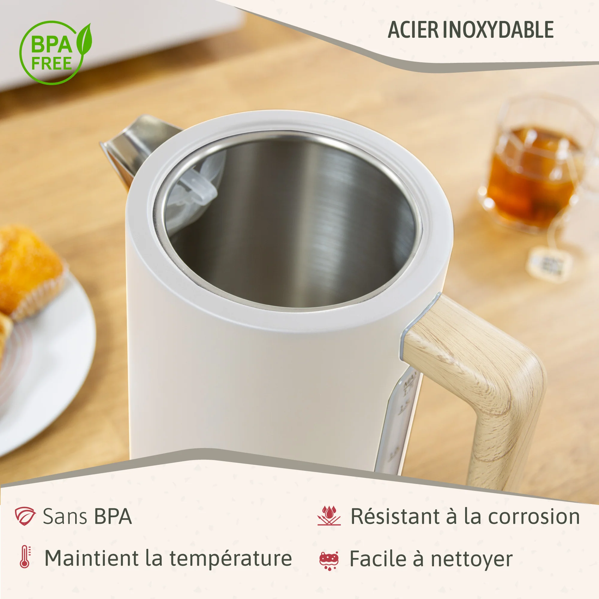 Briebe Nordic Hervidor Agua Eléctrico 1,7l Inalámbrico Ebullición Rápida, Libre De Bpa, Base De 360°, Kt1165wht, Blanco - Image 5