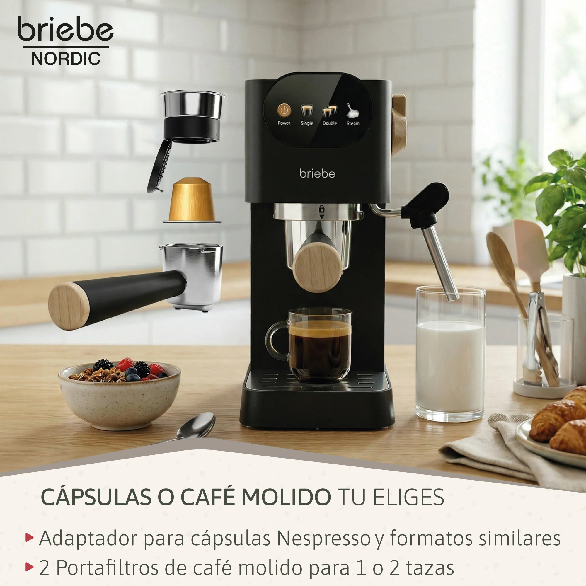 Briebe Nordic Set Cafetera 20 Bares Cápsulas, Café Molido Espumador Leche Tostadora 2 Rebanadas Anchas,skt1221blk,negro - Image 6