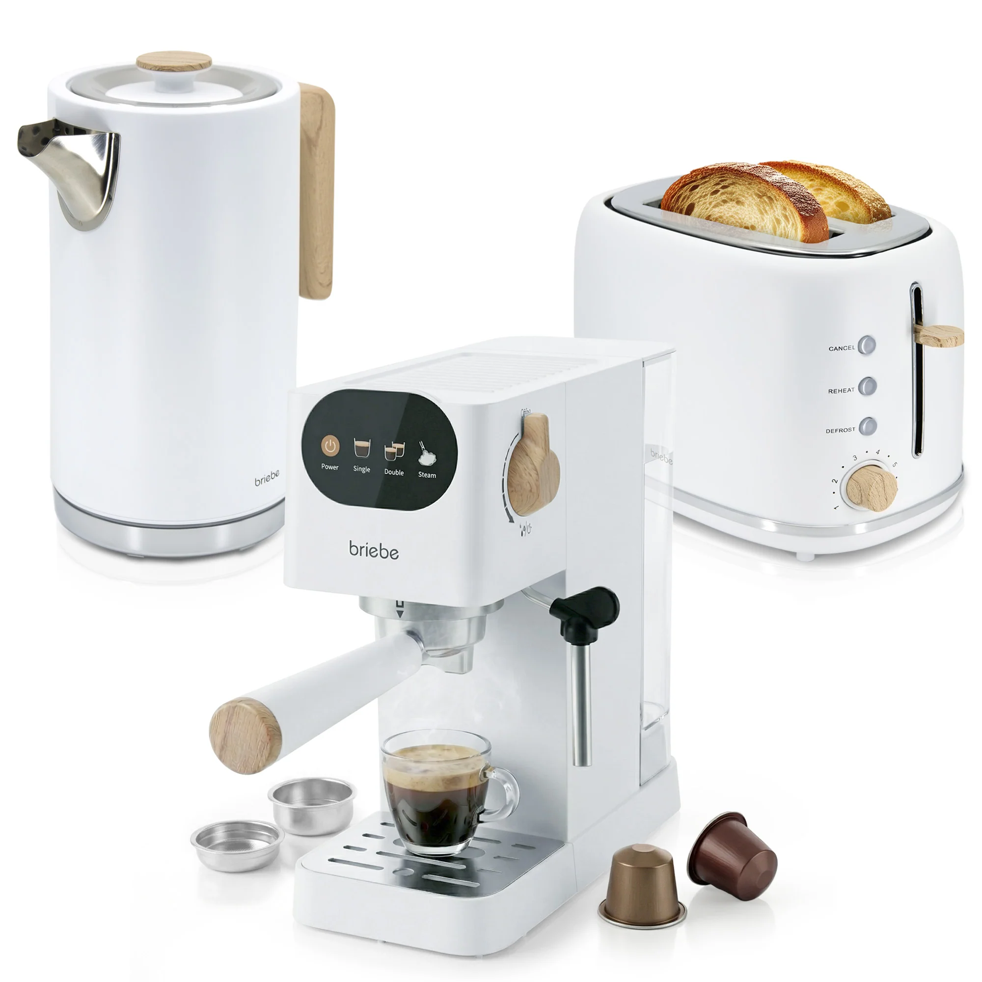 Briebe Nordic Set Cafetera Espresso 20 Bares, Tostadora Pan 2 Rebanadas, Hervidor Eléctrico Agua 1,7l,skt1209wht,blanco
