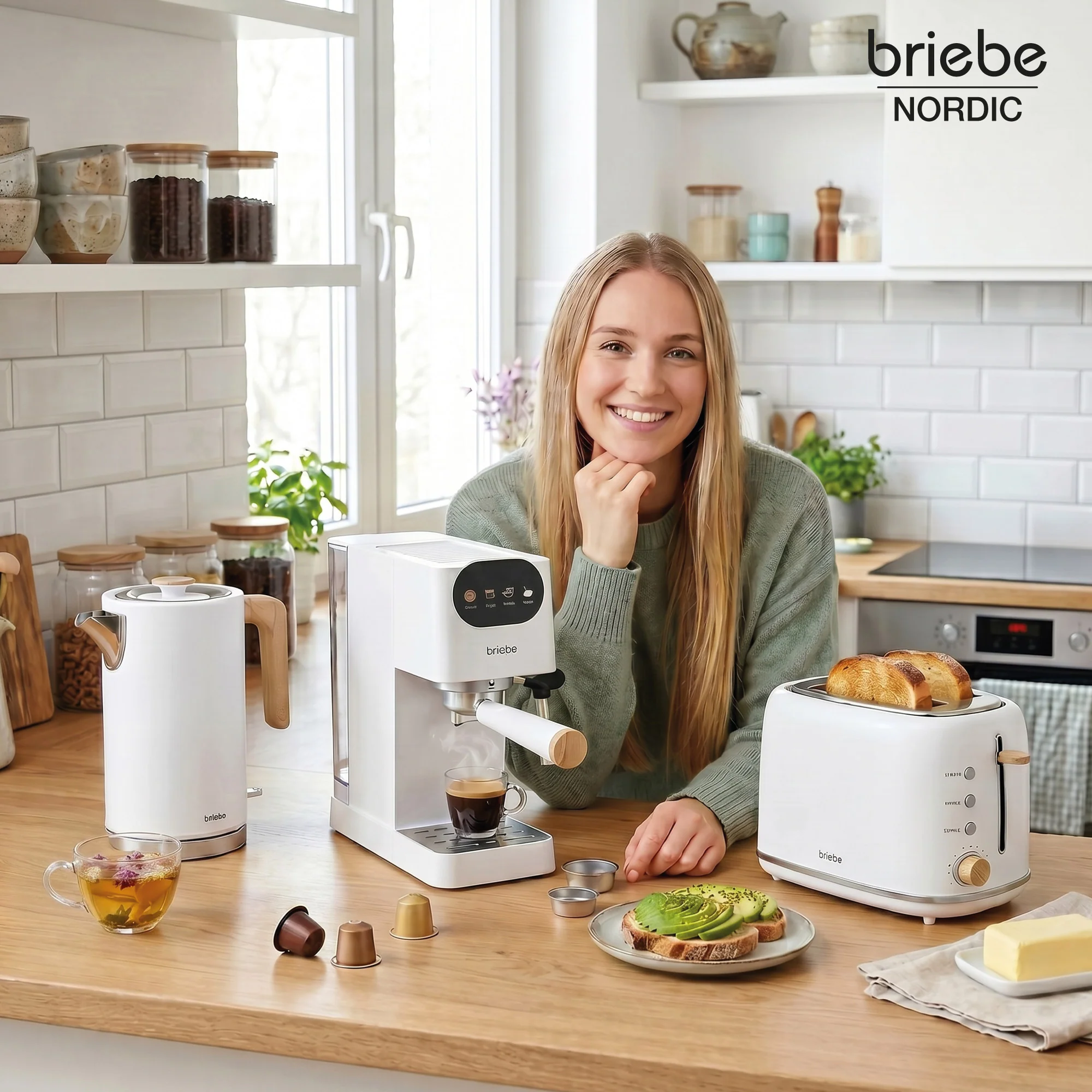 Briebe Nordic Set Cafetera Espresso 20 Bares, Tostadora Pan 2 Rebanadas, Hervidor Eléctrico Agua 1,7l,skt1209wht,blanco - Image 2