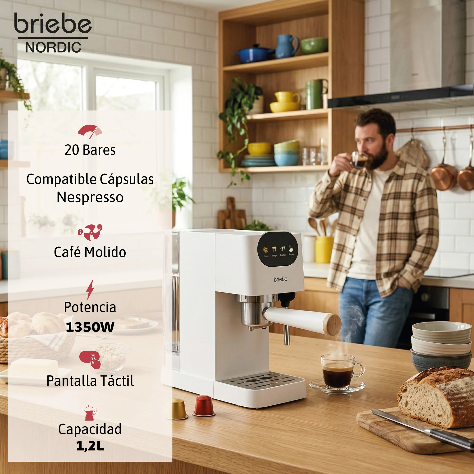 Briebe Nordic Set Cafetera Espresso 20 Bares, Tostadora Pan 2 Rebanadas, Hervidor Eléctrico Agua 1,7l,skt1209wht,blanco - Image 3