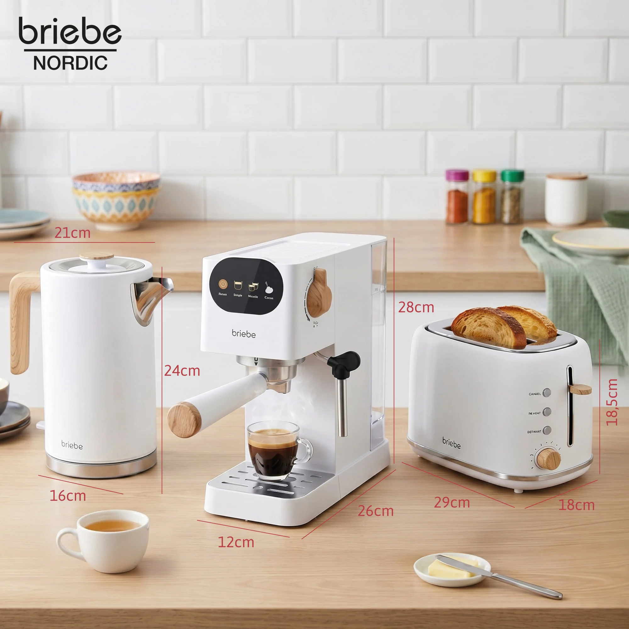 Briebe Nordic Set Cafetera Espresso 20 Bares, Tostadora Pan 2 Rebanadas, Hervidor Eléctrico Agua 1,7l,skt1209wht,blanco - Image 6