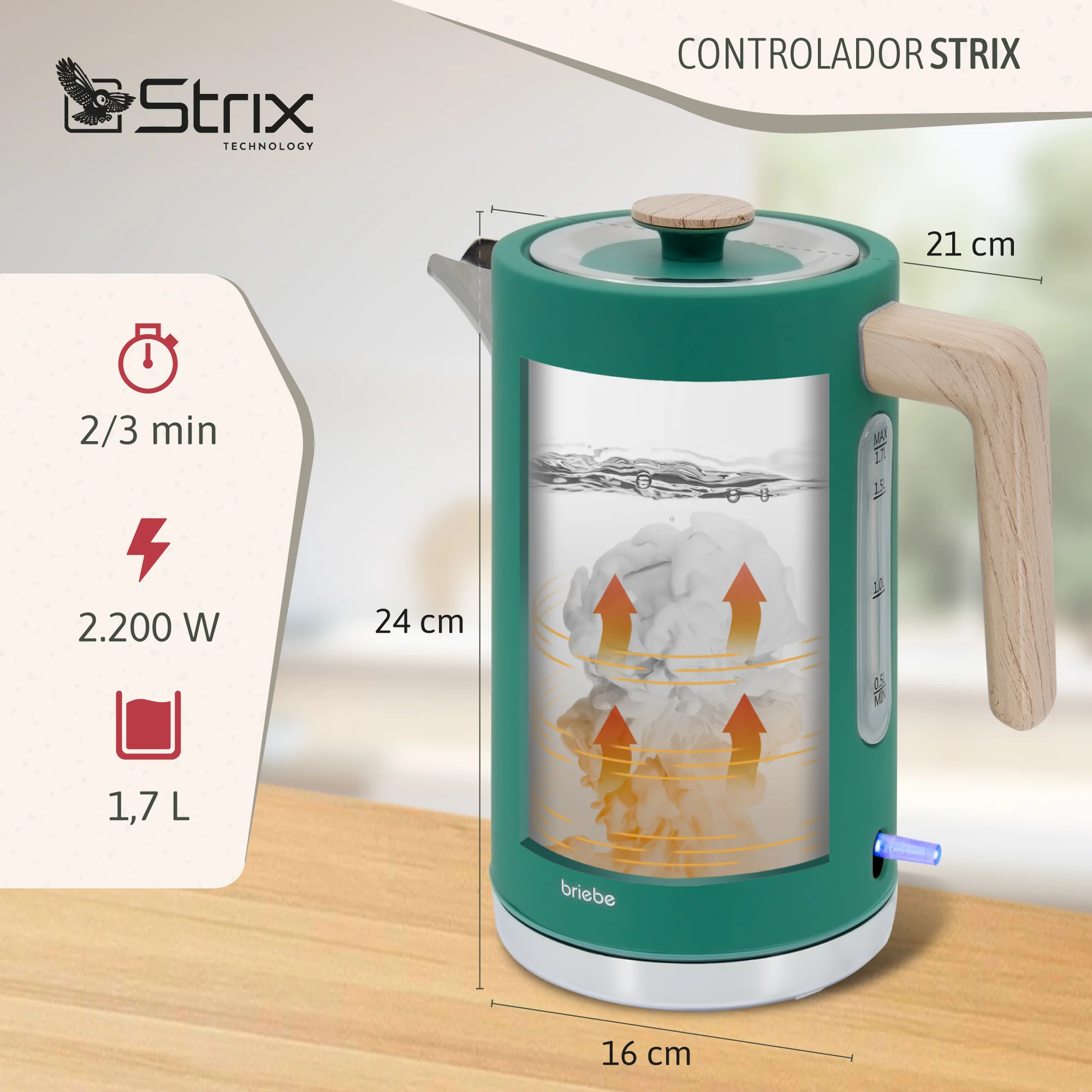 Briebe Nordic Set Tostadora Pan Ranura Ancha 2 Rebanadas + Hervidor Agua Eléctrico 1,7l Inalámbrico, Skt1167gre, Verde - Image 4
