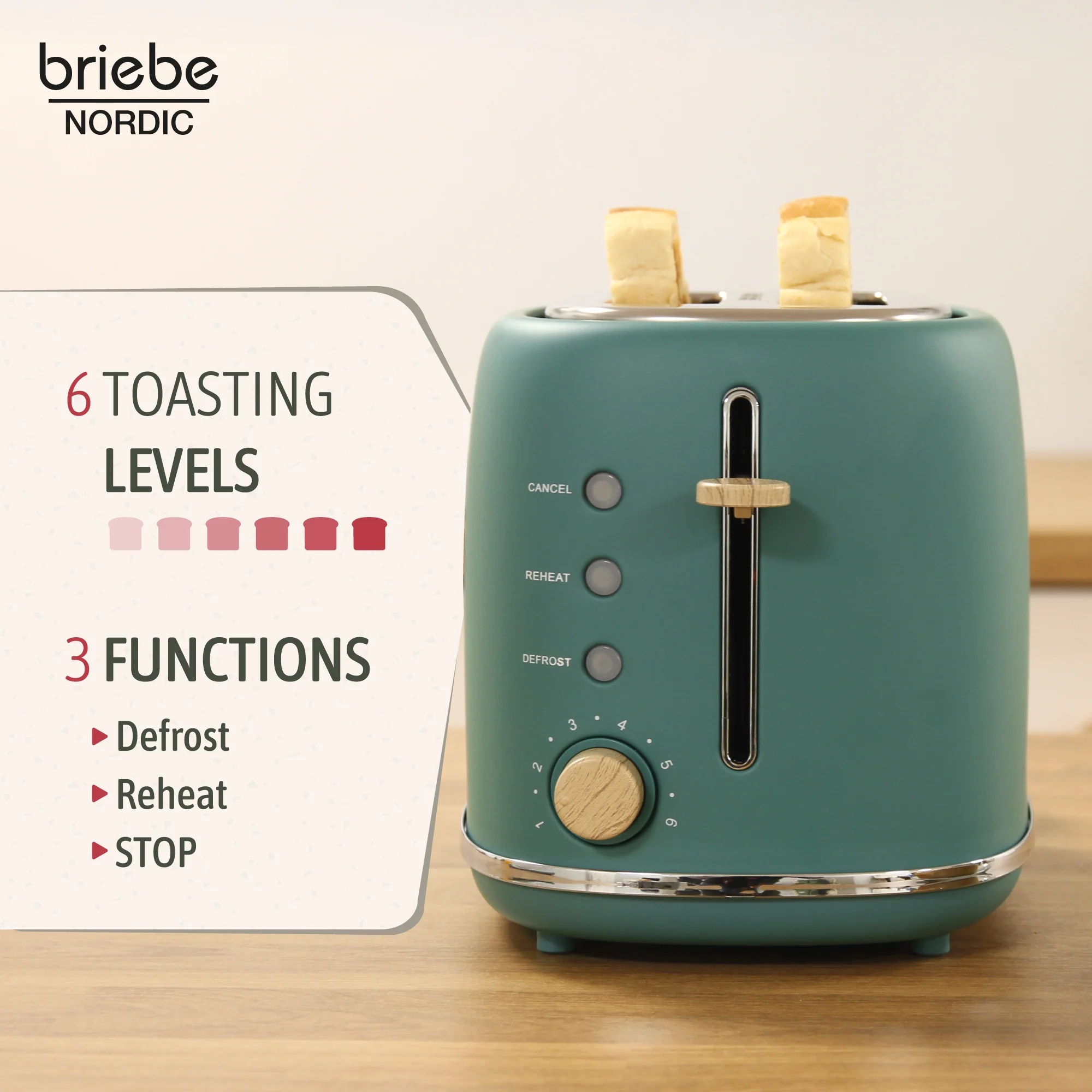 Briebe Nordic Set Tostadora Pan Ranura Ancha 2 Rebanadas + Tetera 2,3l Acero Inox, Inducción Libre Bpa,skt1177gre,verde - Image 3