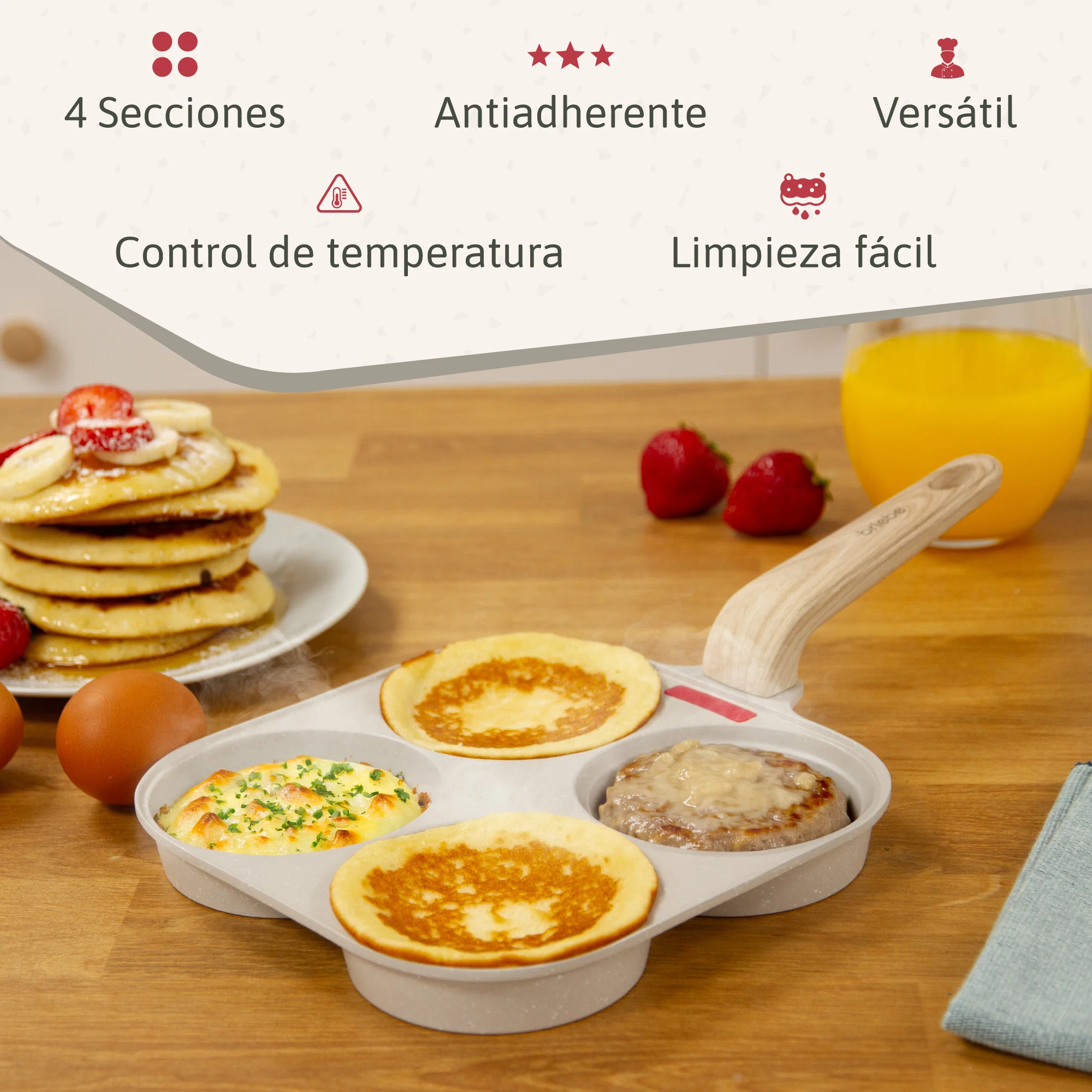 Briebe Sartén 4 Tortitas Huevos Fritos Poché, Tapa Vidrio, Aluminio Antiadherente Libre De Ptfe Y Pfoa, Fpe1176, Crema - Image 2
