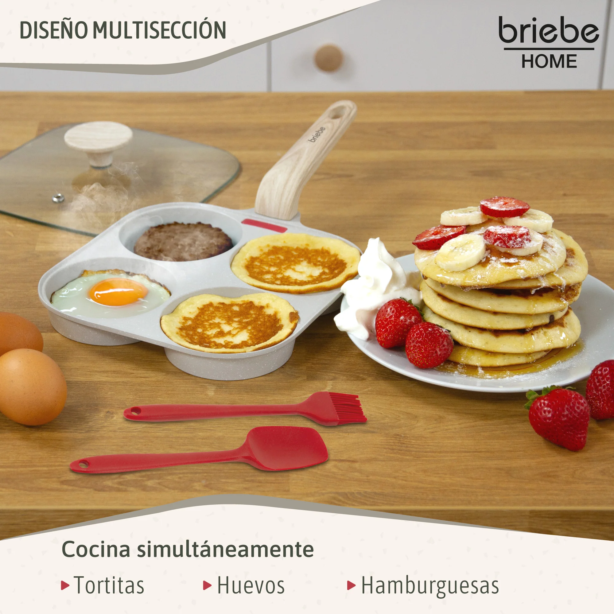 Briebe Sartén 4 Tortitas Huevos Fritos Poché, Tapa Vidrio, Aluminio Antiadherente Libre De Ptfe Y Pfoa, Fpe1176, Crema - Image 3