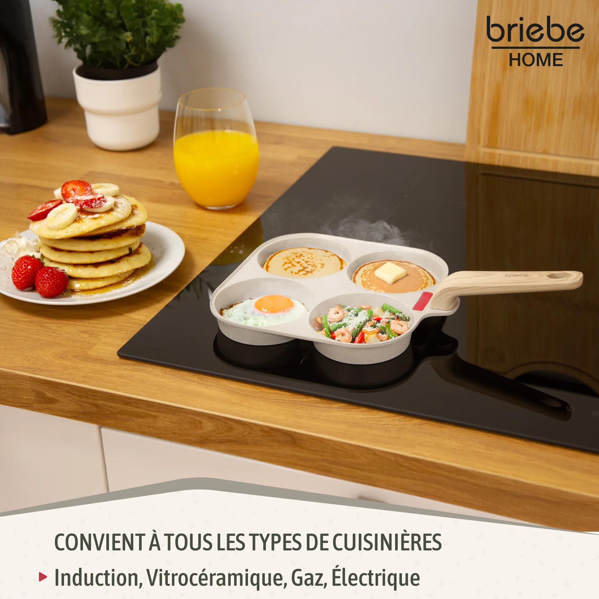 Briebe Sartén 4 Tortitas Huevos Fritos Poché, Tapa Vidrio, Aluminio Antiadherente Libre De Ptfe Y Pfoa, Fpe1176, Crema - Image 5