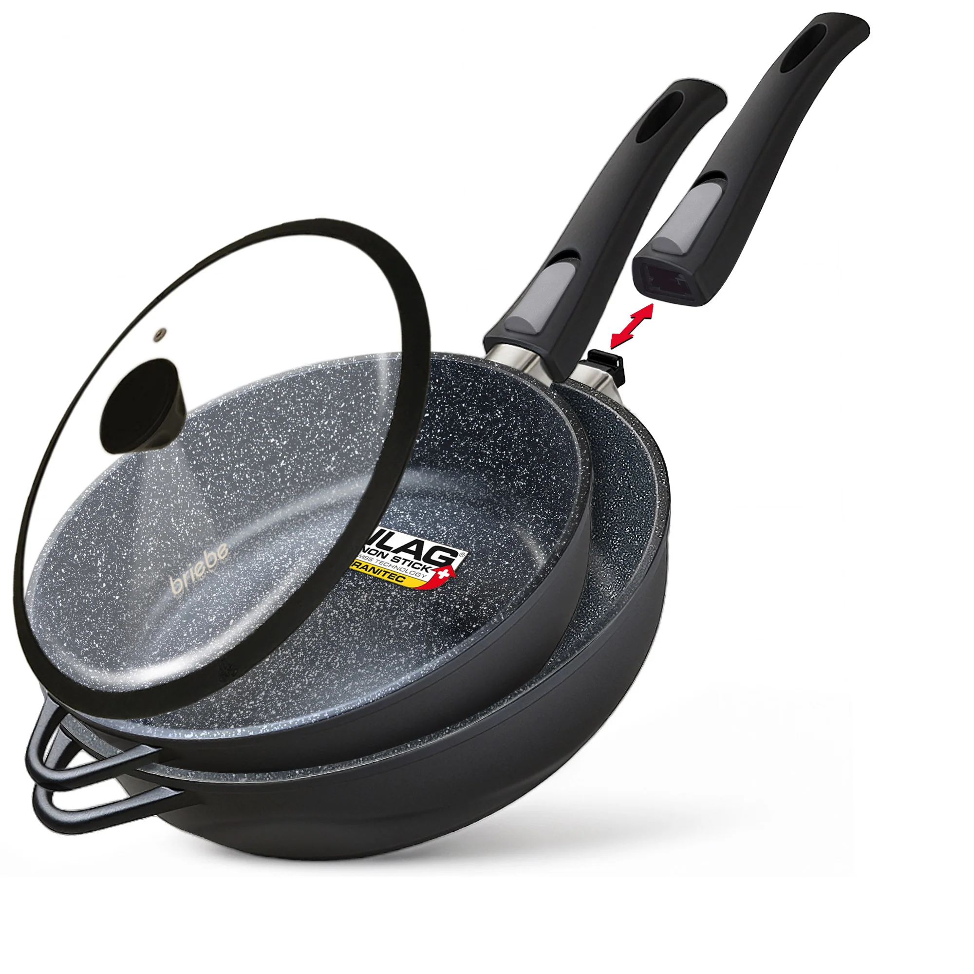 Briebe Set 2 Sartenes Inducción Antiadherentes, Mango Extraíble, Hondas, 24/ 28 Cm Sin Pfoa, Tapas, Mgk19s, Negro