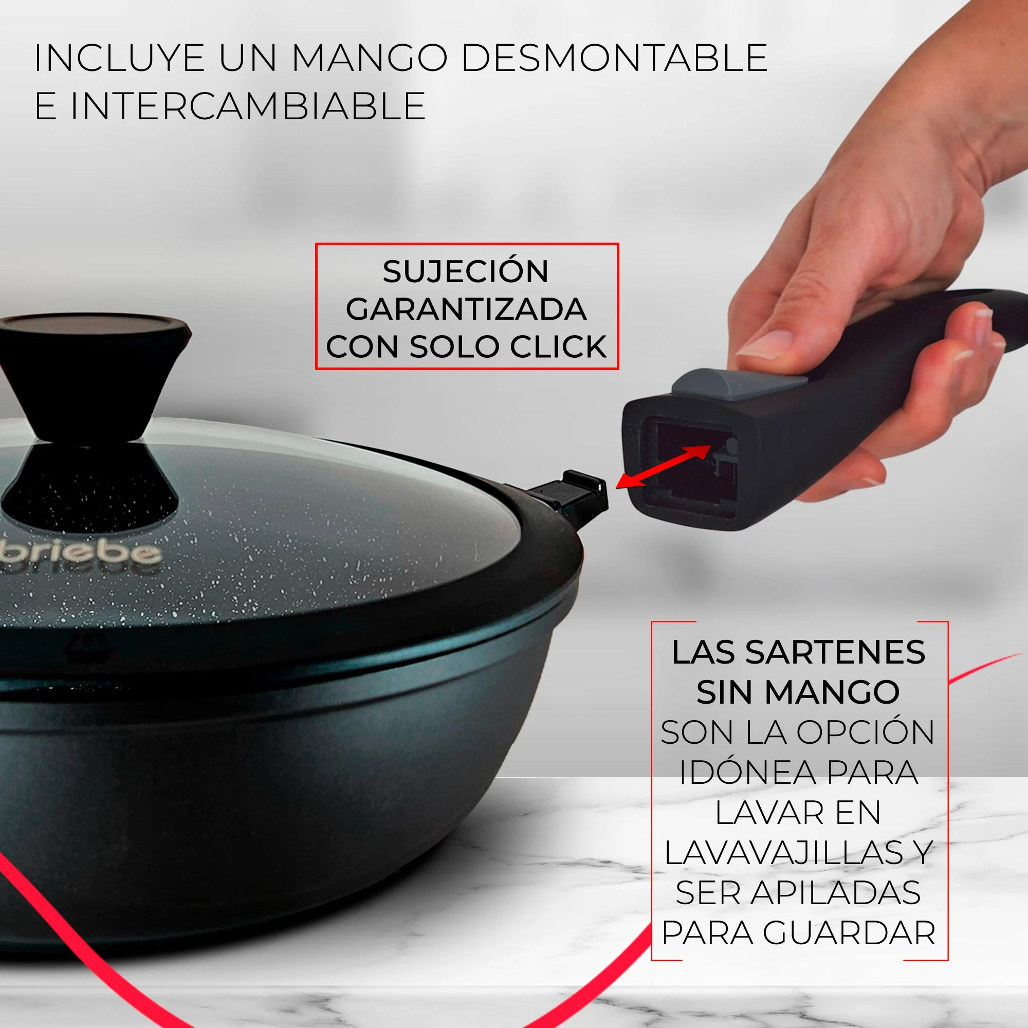 Briebe Set 2 Sartenes Inducción Antiadherentes, Mango Extraíble, Hondas, 24/ 28 Cm Sin Pfoa, Tapas, Mgk19s, Negro - Image 4