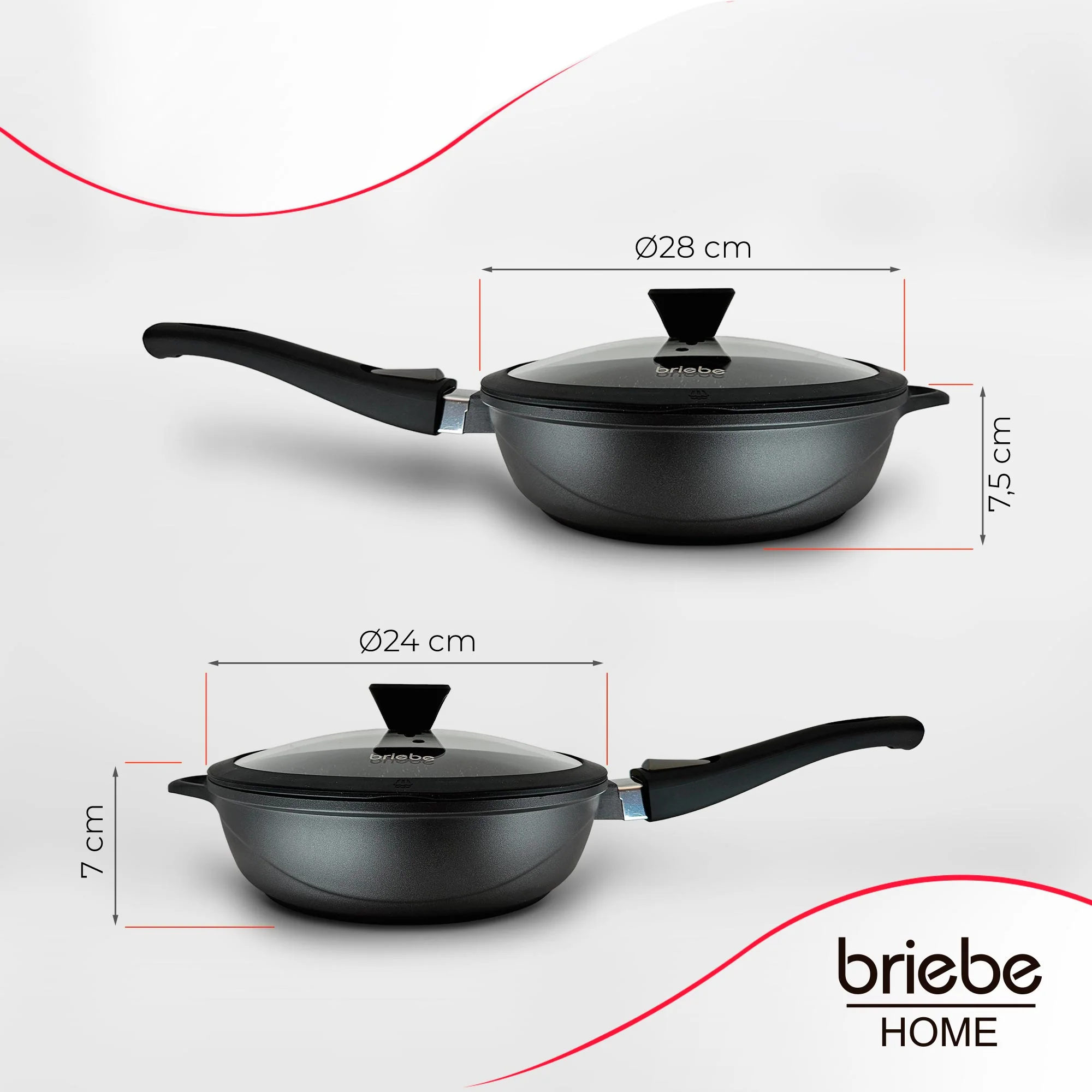 Briebe Set 2 Sartenes Inducción Antiadherentes, Mango Extraíble, Hondas, 24/ 28 Cm Sin Pfoa, Tapas, Mgk19s, Negro - Image 6
