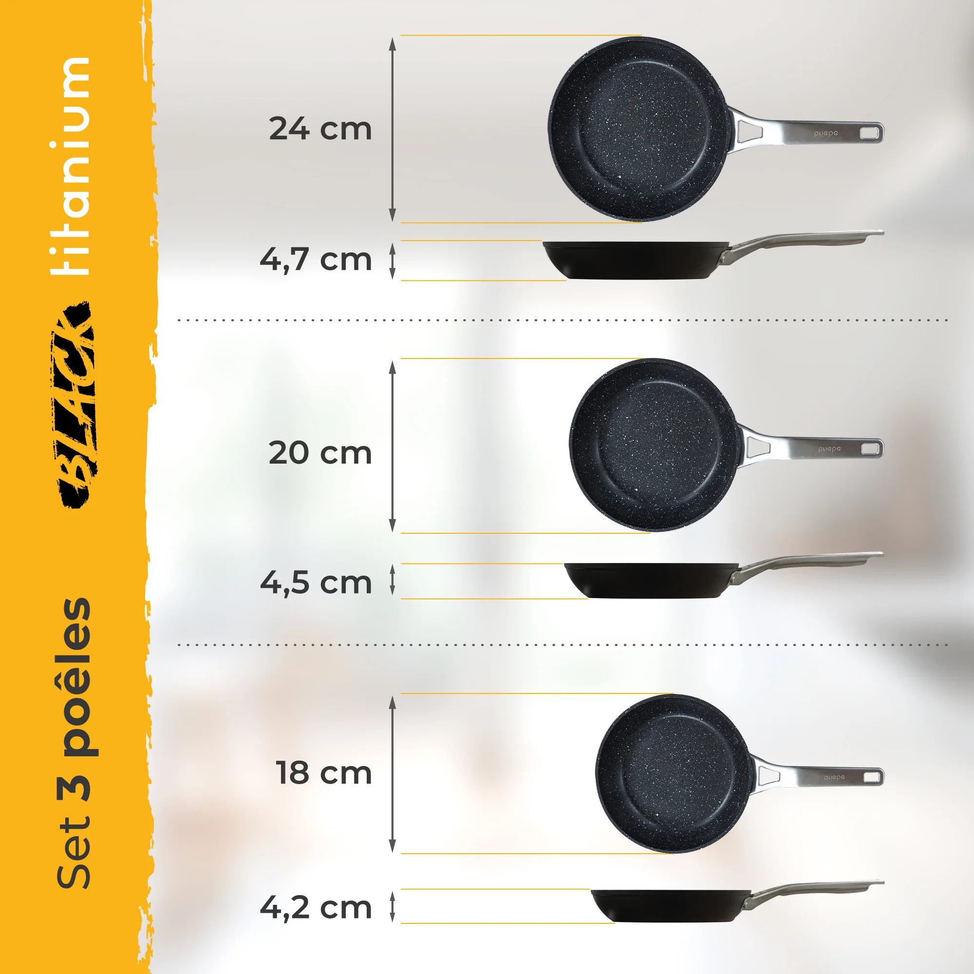 Briebe Set 3 Sartenes Antiadherentes Inducción Titanio 18-20-24cm, Aluminio Forjado Antiadherente, Black Titanium - Image 5