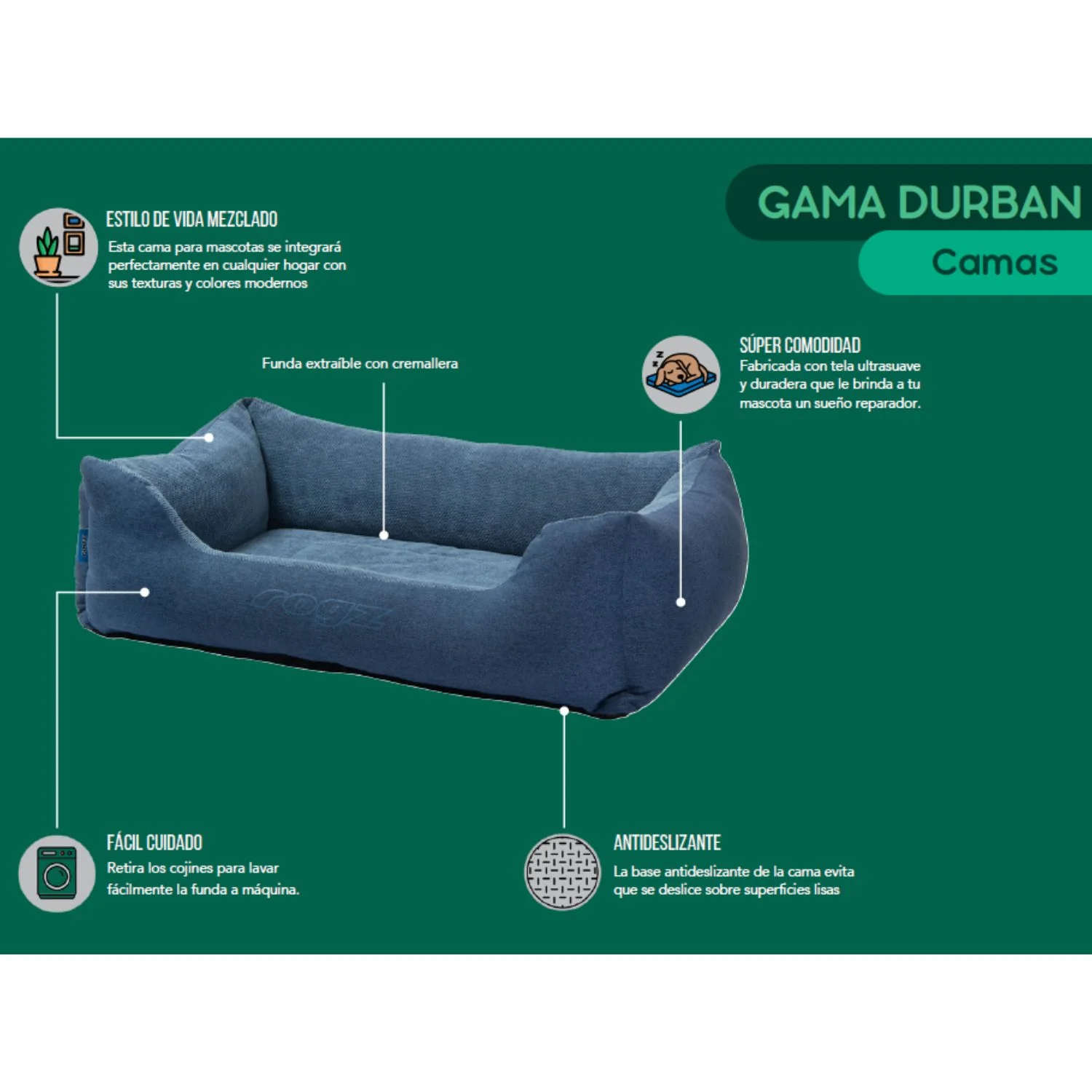 Cama Para Perro Rogz Durban 101x64x33cm Denim Gris Talla Xl (39-64kg) - Image 2