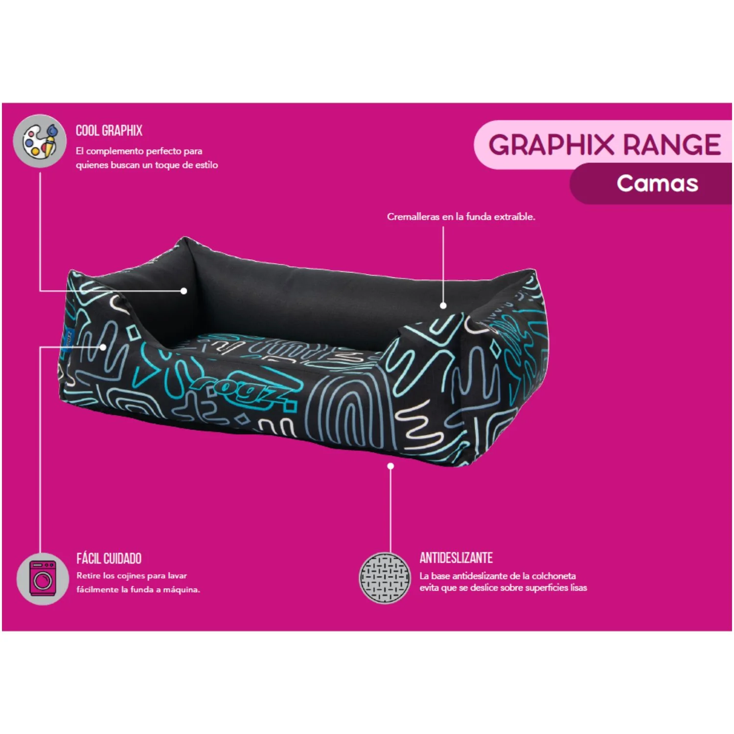 Cama Para Perro Rogz Graphix 90x59x29cm Estampado Arcos Talla L (21-40kg) - Image 2