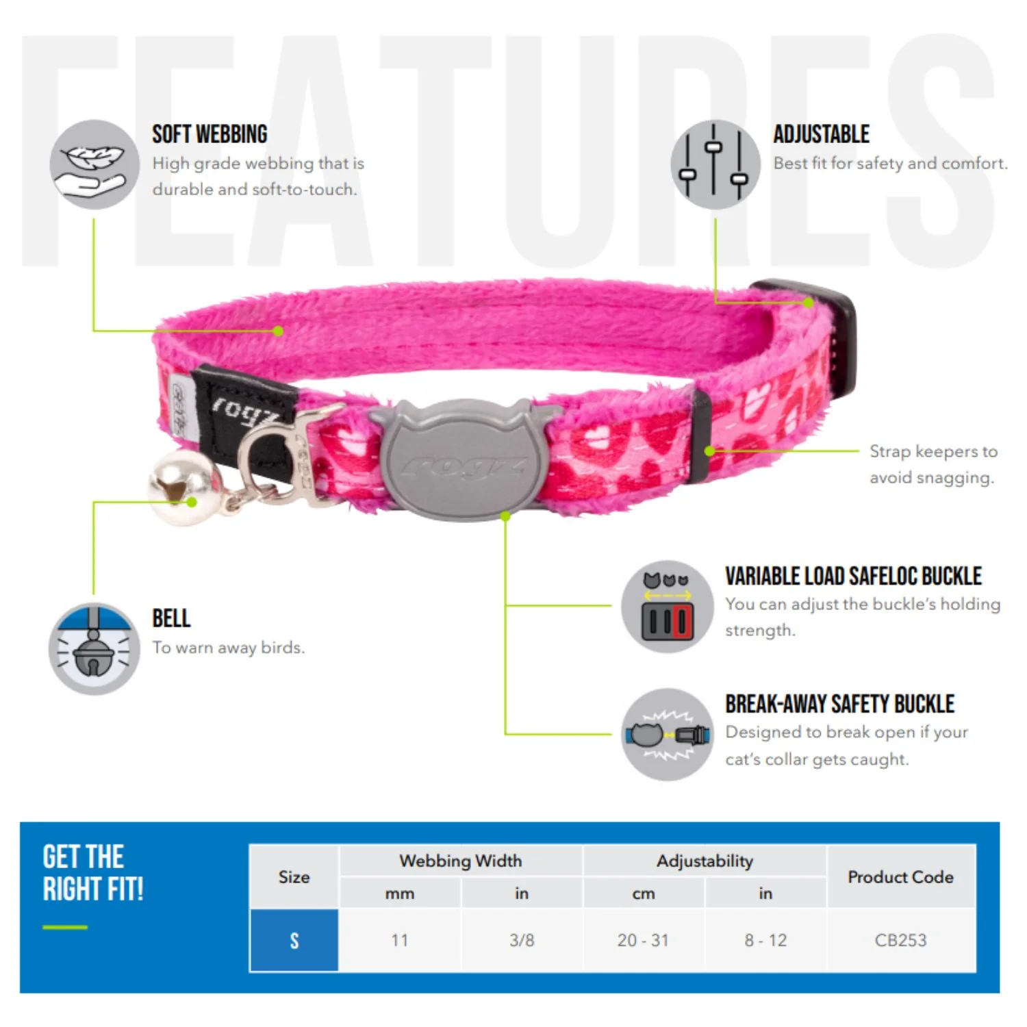 Collar Para Gato Fashioncat Estampado Azul Rogz Ajustable 20-31cm - Image 3