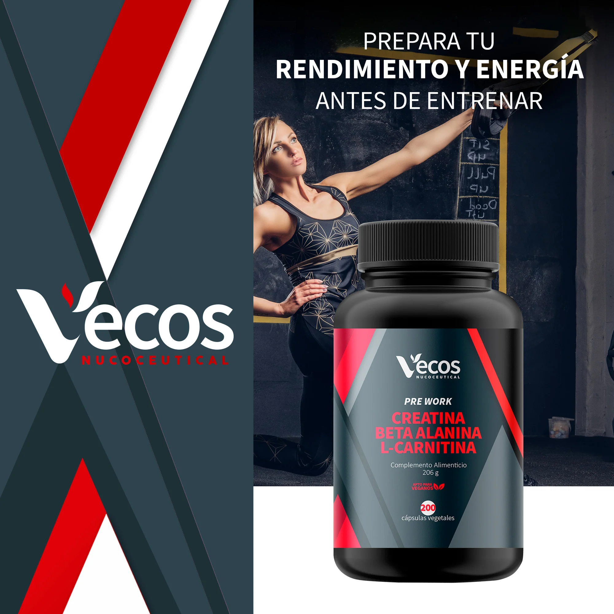 Creatina + Beta Alanina + L-carnitina Vecos 200 Cápsulas | Fuerza, Resistencia Y Rendimiento - Image 2