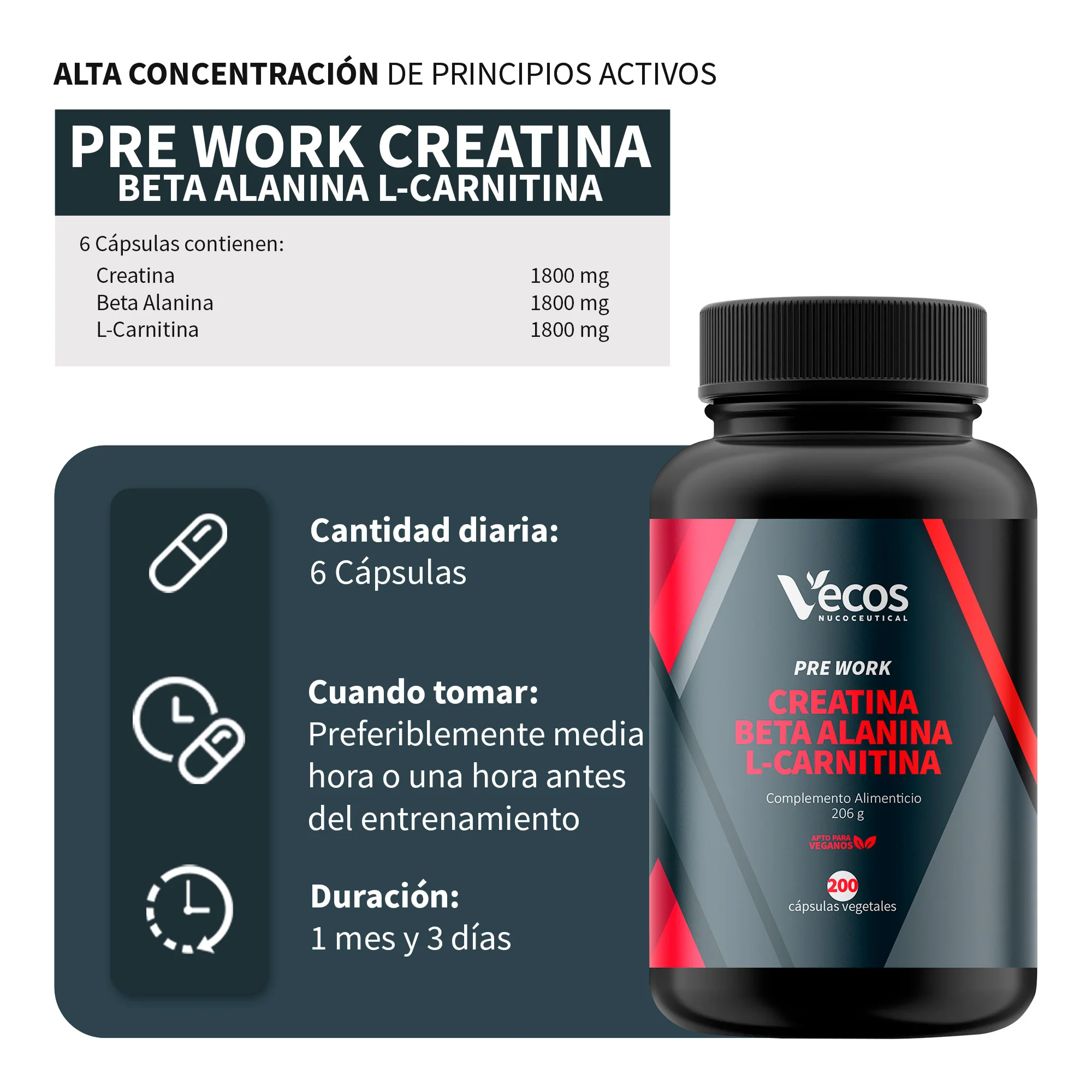 Creatina + Beta Alanina + L-carnitina Vecos 200 Cápsulas | Fuerza, Resistencia Y Rendimiento - Image 3