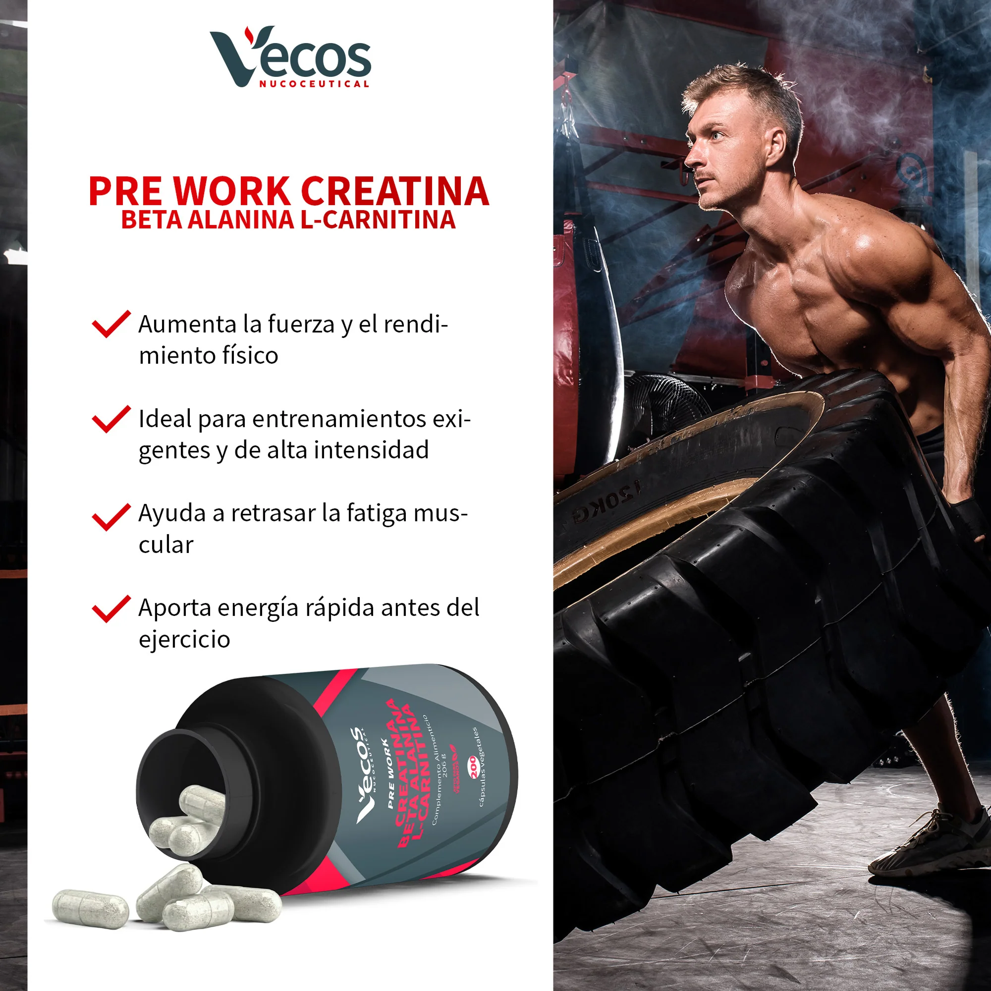 Creatina + Beta Alanina + L-carnitina Vecos 200 Cápsulas | Fuerza, Resistencia Y Rendimiento - Image 4
