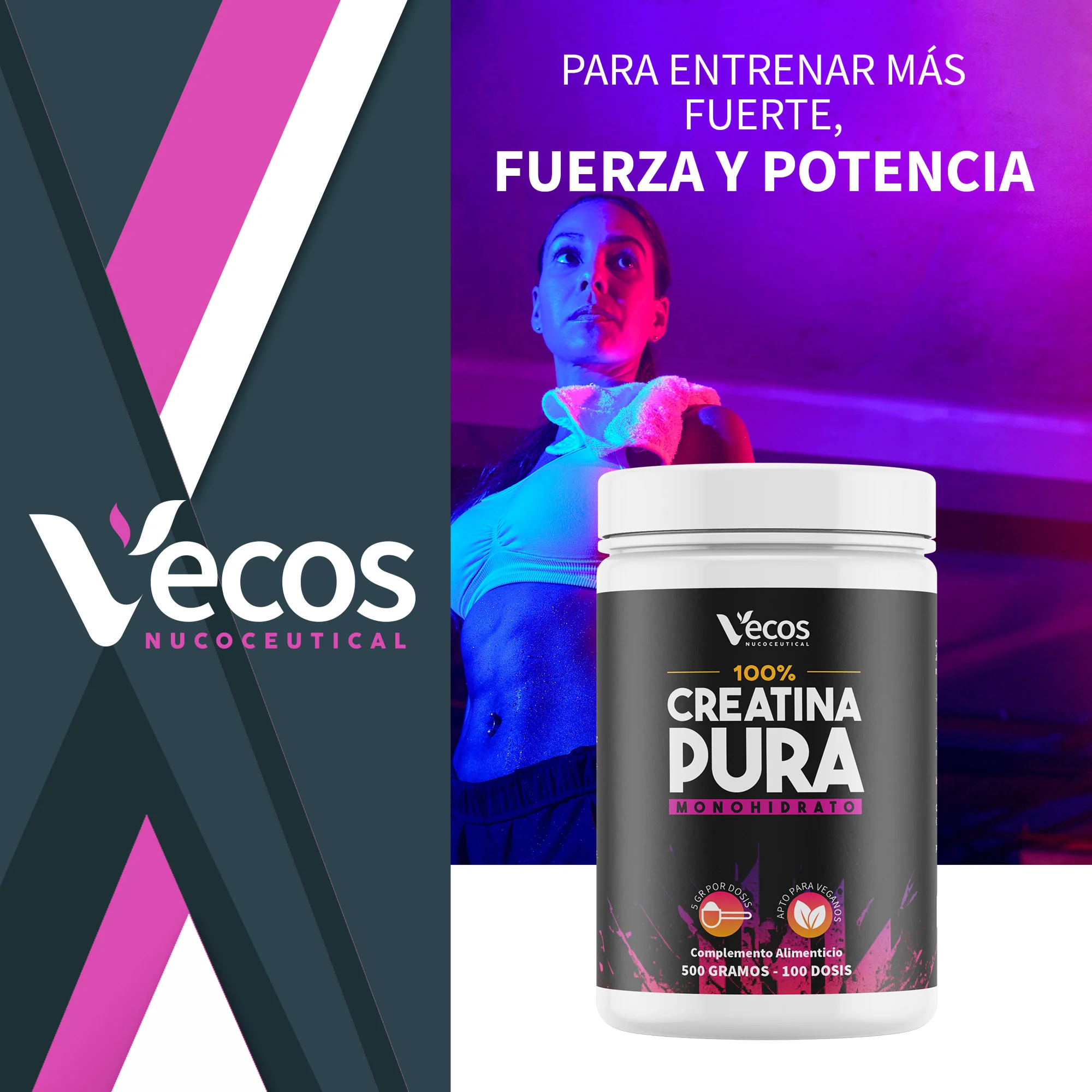Creatina Monohidrato Pura Vecos 500 G | Para Fuerza, Potencia Y Entrenamiento - Image 2