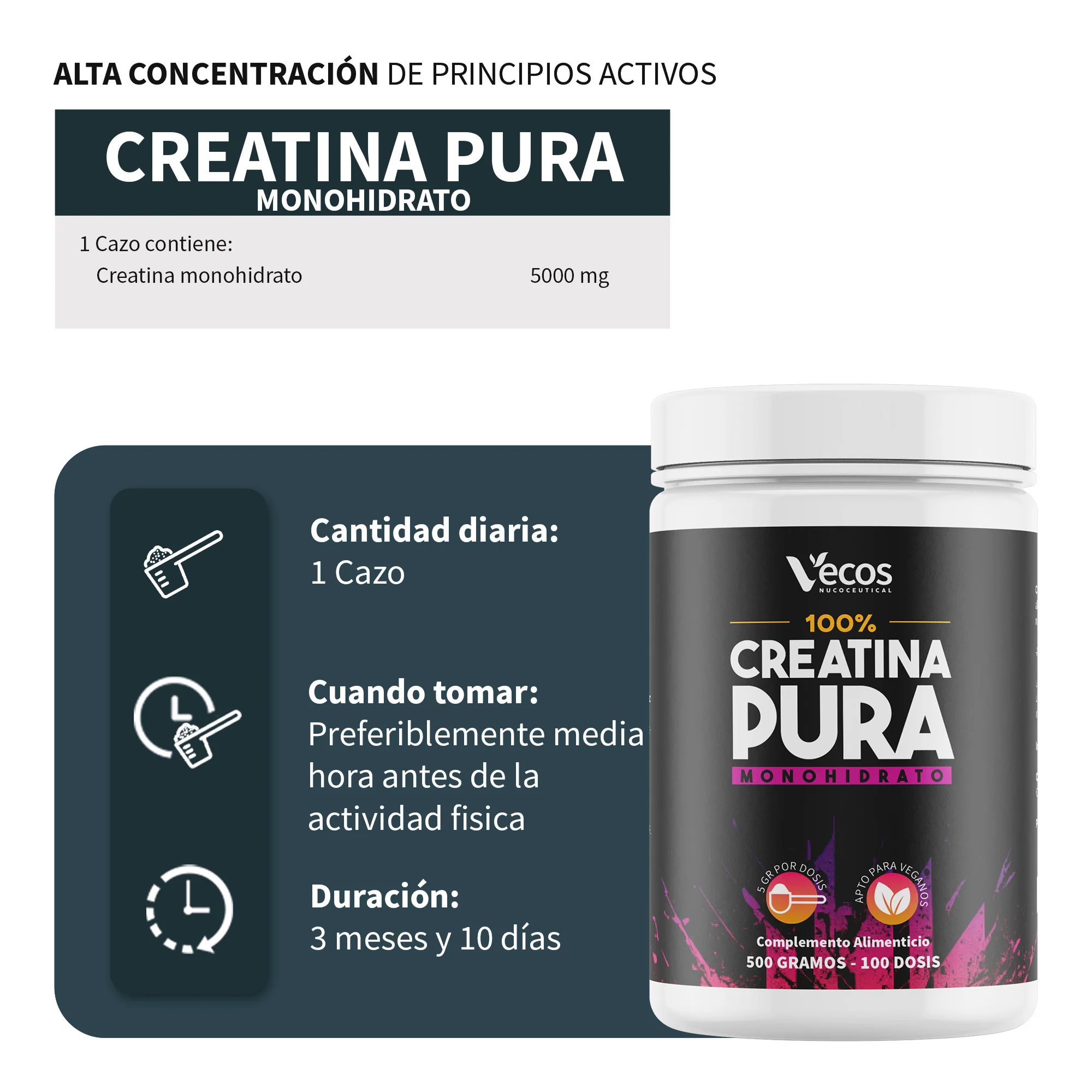 Creatina Monohidrato Pura Vecos 500 G | Para Fuerza, Potencia Y Entrenamiento - Image 3