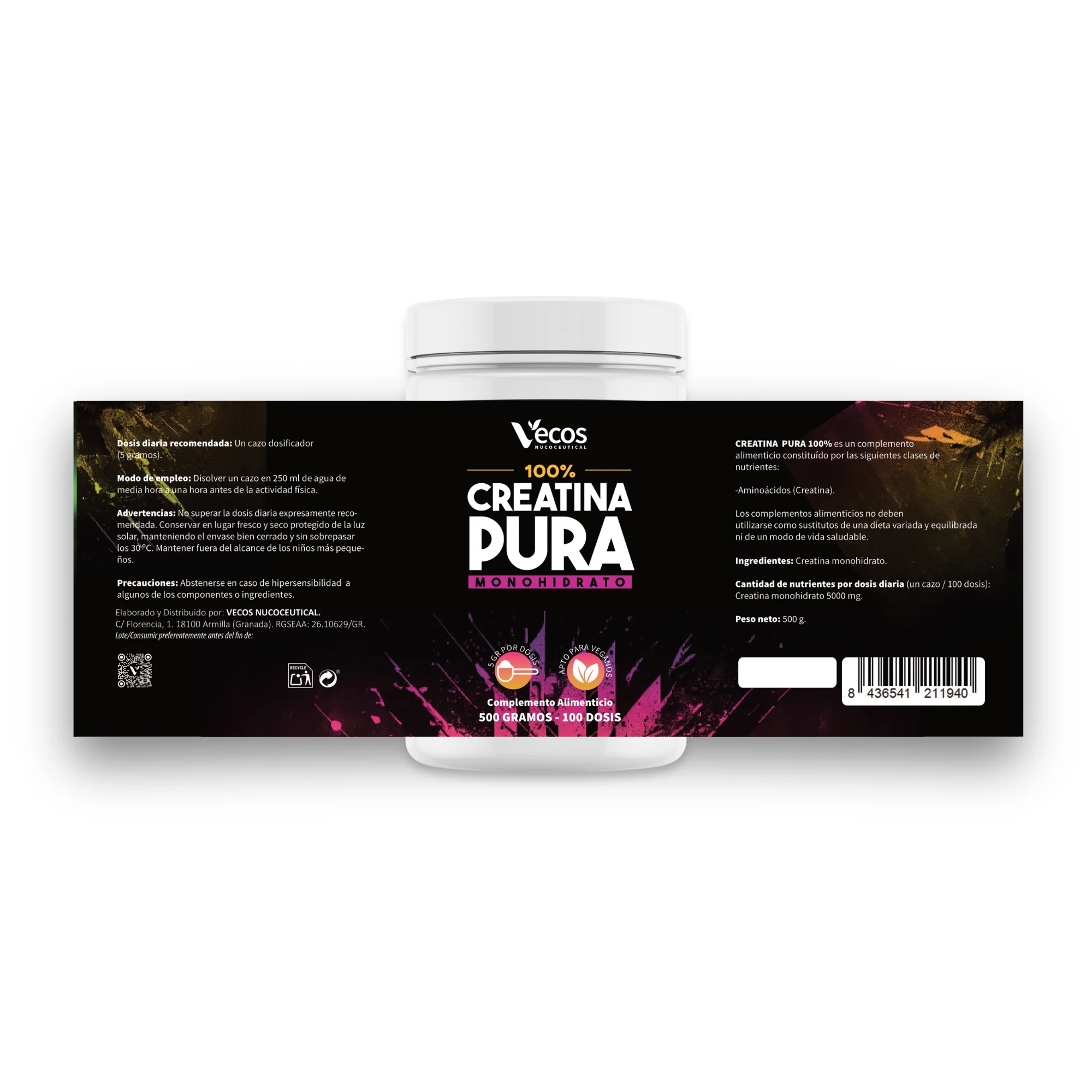 Creatina Monohidrato Pura Vecos 500 G | Para Fuerza, Potencia Y Entrenamiento - Image 5