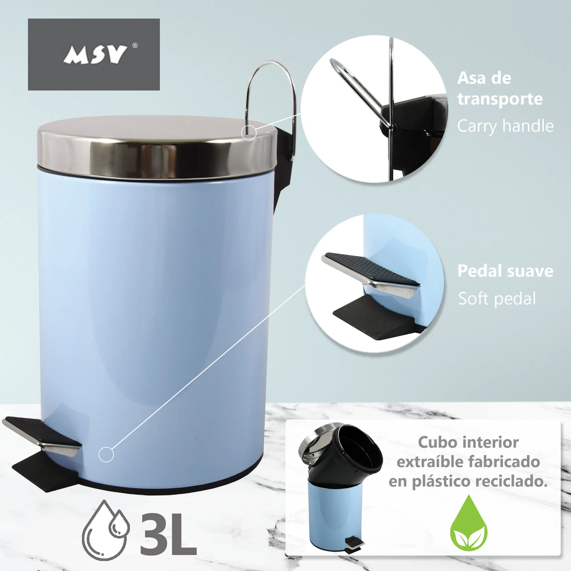 Cubo De Basura Con Pedal Msv 3l De Acero Inoxidable En Color Azul Pastel - Image 2