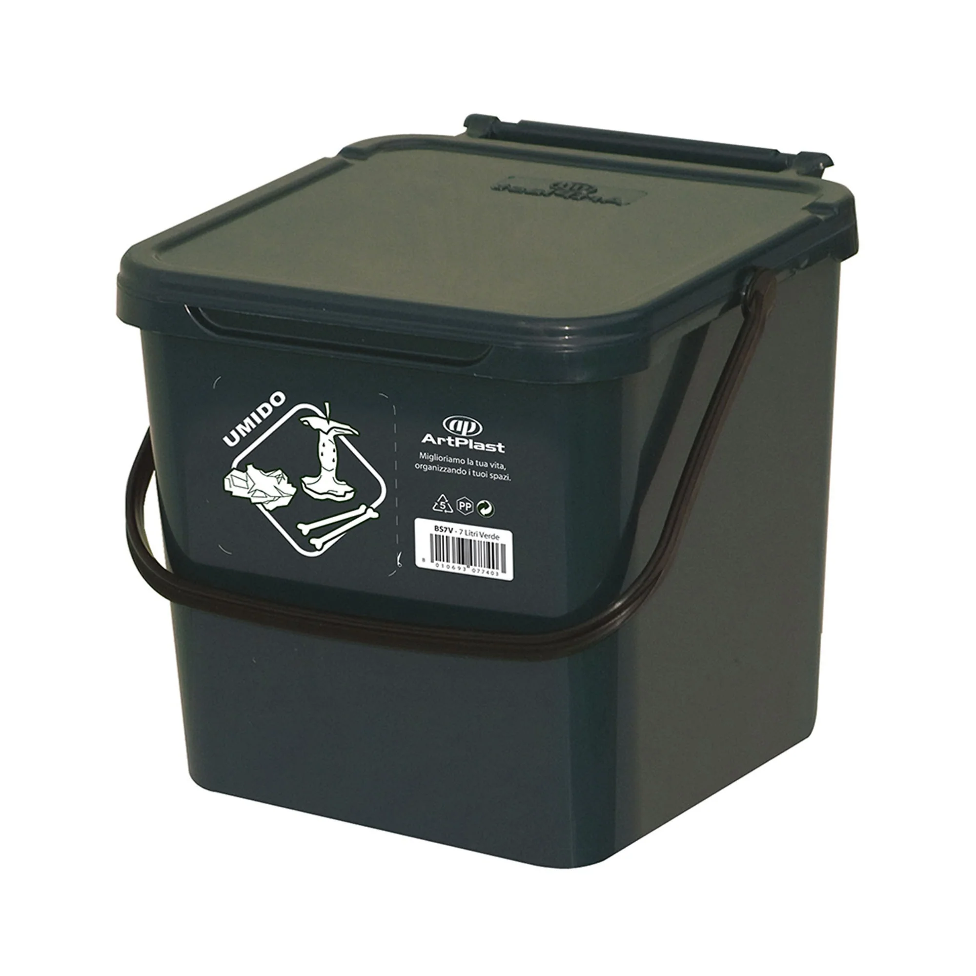 Cubo De Polipropileno Con La Manija Y La Cubierta, De Color Verde, 7 Lt. 225x240x205 Mm, Con La Identificación De Residuos Pegatina