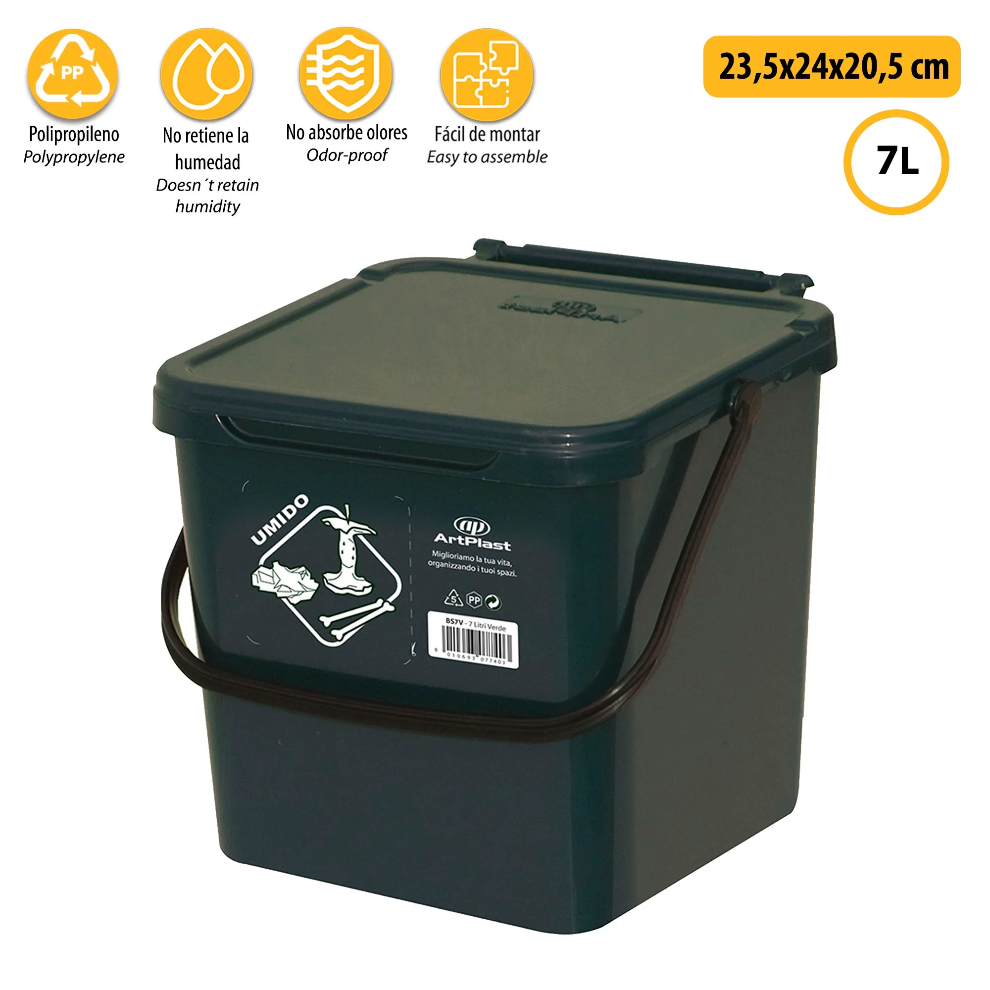Cubo De Polipropileno Con La Manija Y La Cubierta, De Color Verde, 7 Lt. 225x240x205 Mm, Con La Identificación De Residuos Pegatina - Image 3