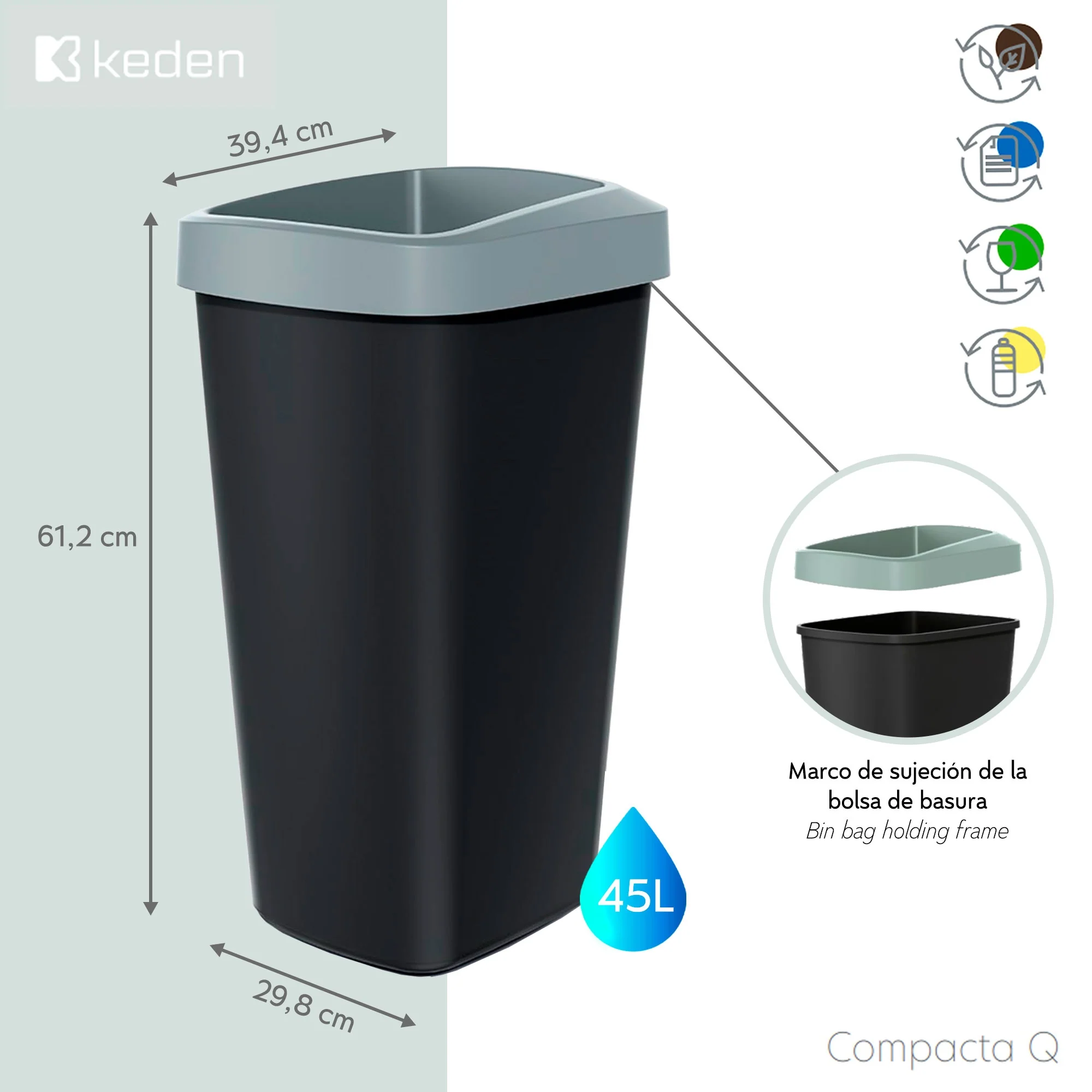 Cubo De Reciclaje 45l Keden En Plástico Con Práctica Tapa Abierta Color Amarillo. - Image 2