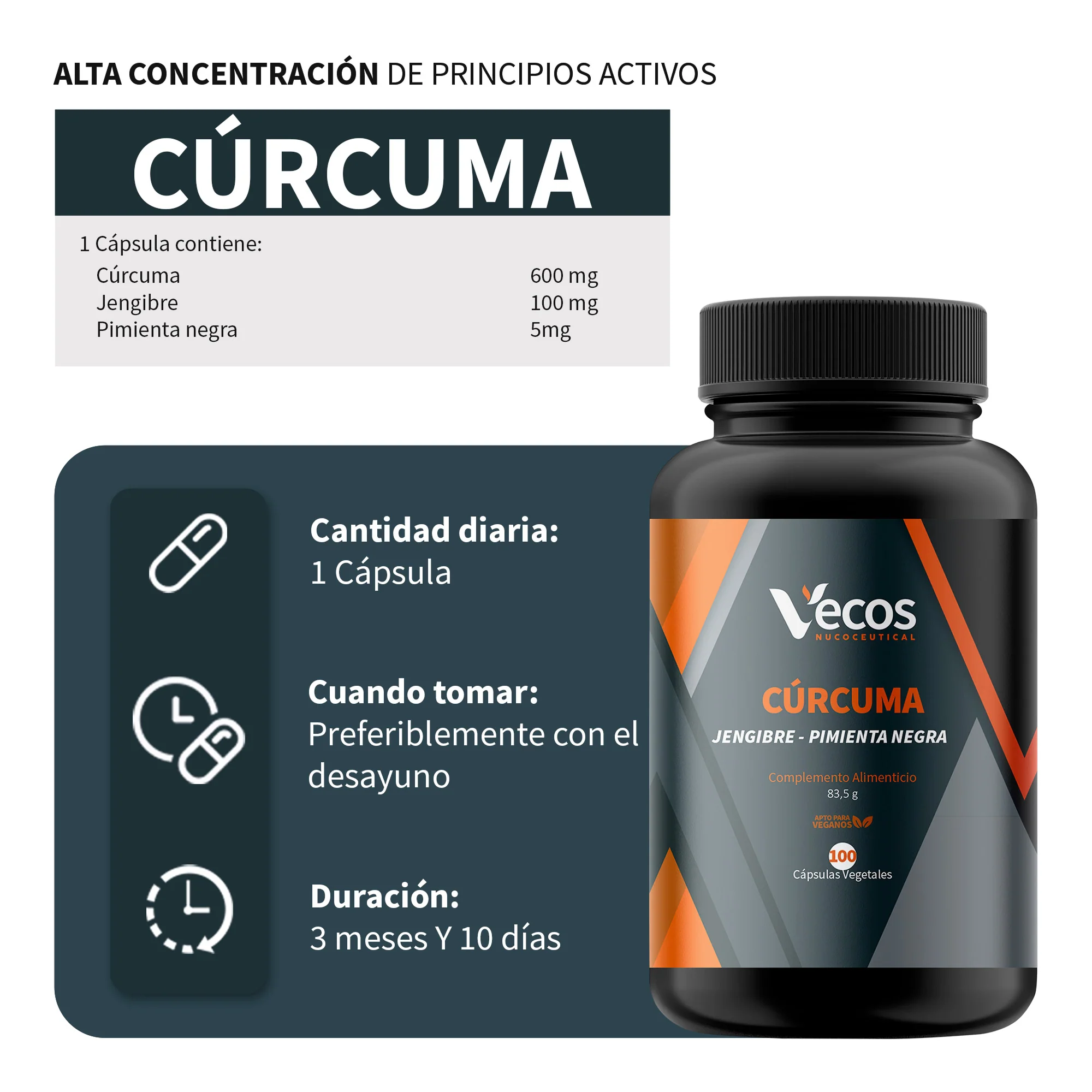 Cúrcuma 600 Mg + Jengibre Vecos 100 Cápsulas | Digestión, Articulaciones Y Absorción Mejorada | Con Piperina - Image 3