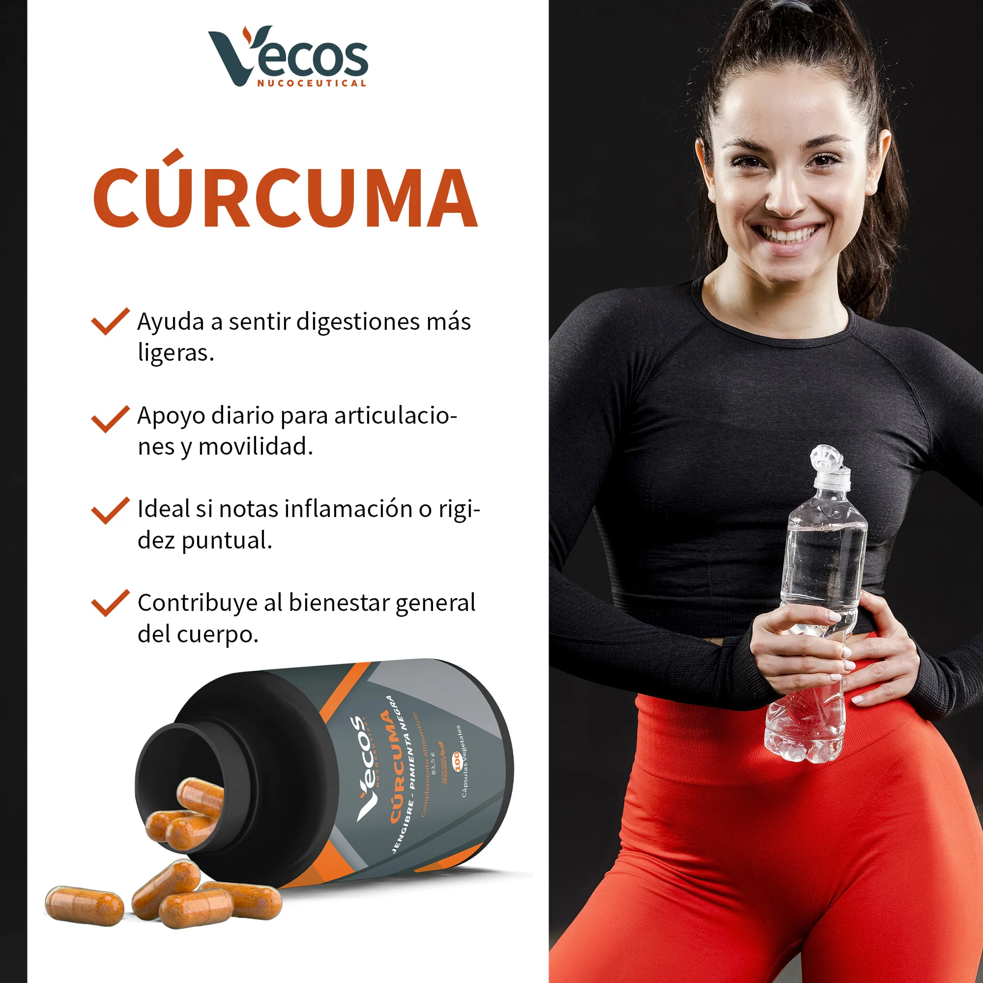 Cúrcuma 600 Mg + Jengibre Vecos 100 Cápsulas | Digestión, Articulaciones Y Absorción Mejorada | Con Piperina - Image 4