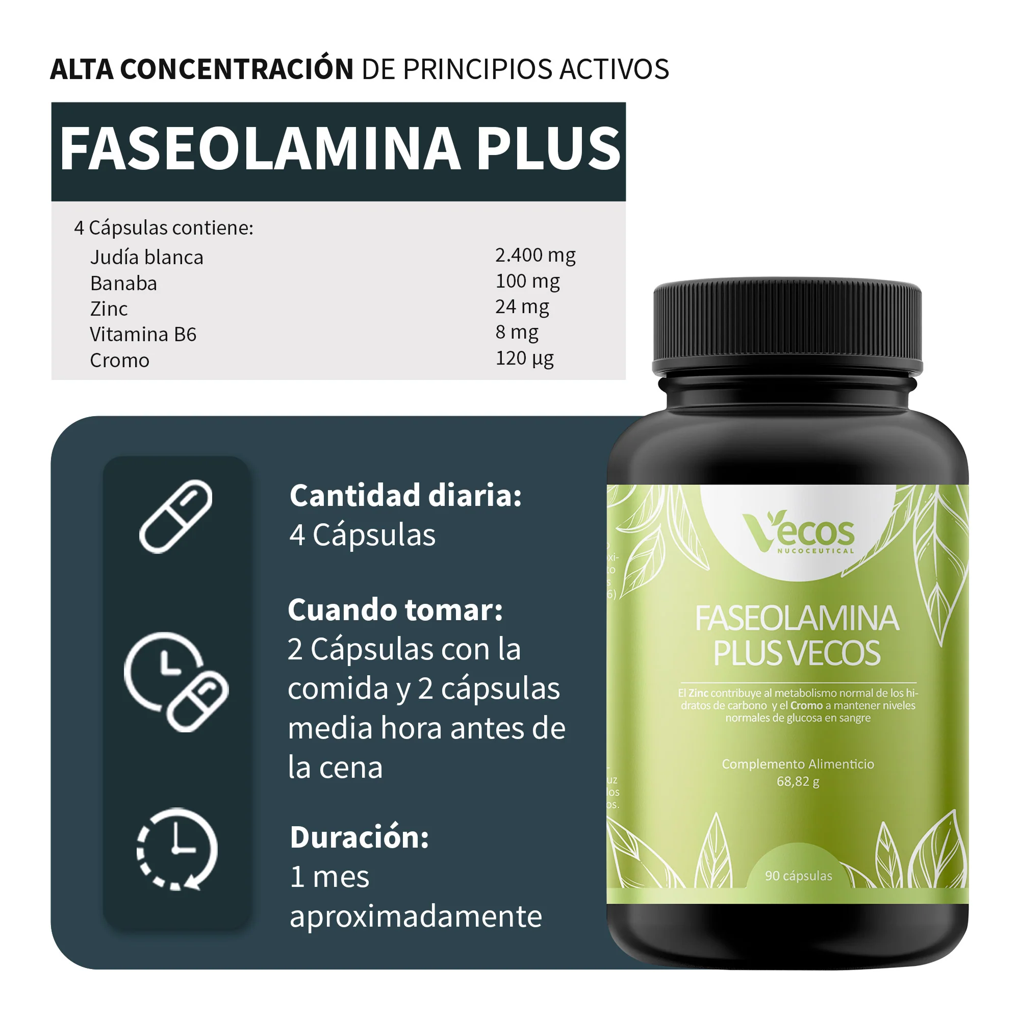 Faseolamina Plus 2400 Mg Vecos 90 Cápsulas | Bloqueador De Carbohidratos Y De Apetito | Con Banaba Y Cromo - Image 3