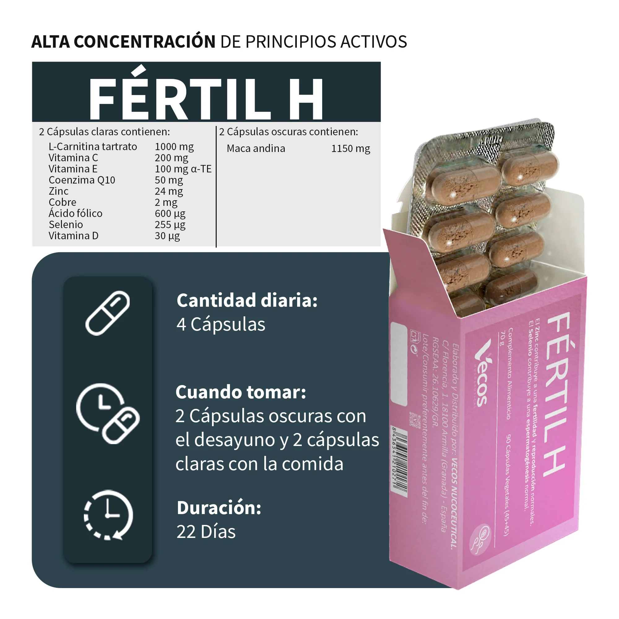 Fértil H Vecos 45+45 Cápsulas | Estimulación De Fertilidad Masculina | Zinc + Selenio - Image 3