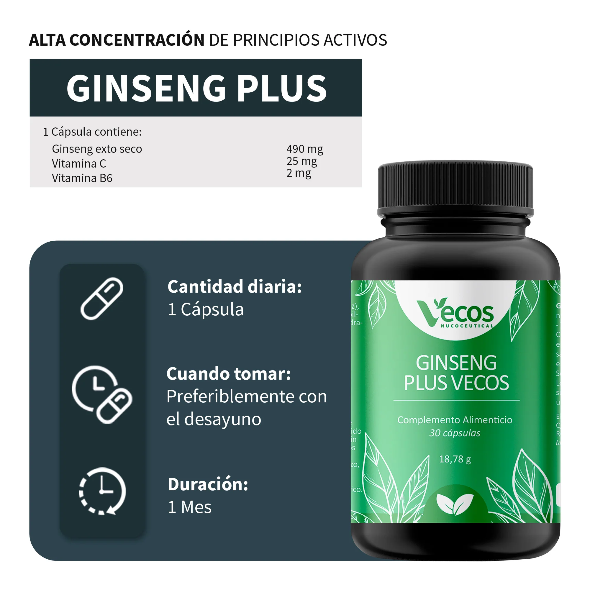 Ginseng Plus Vecos 30 Cápsulas | Cansancio Y Fatiga Física Y Mental | Panax Ginseng 490 Mg - Image 3