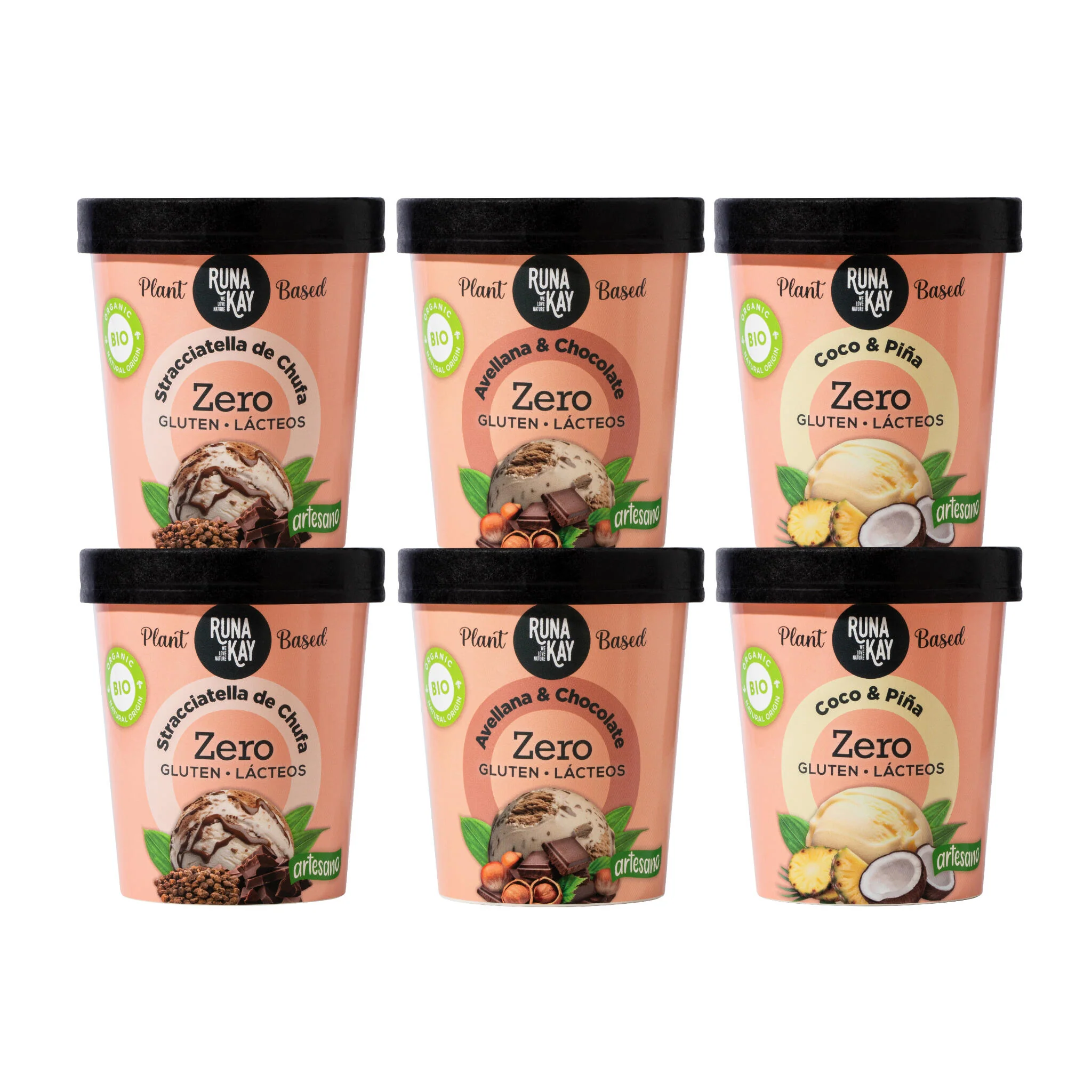 Helado Artesano Eco Sin Gluten Ni Lácteos Stracciatella Chufa&Choco Avellana&Choco Coco&Piña Runakay 6x460ml/400g