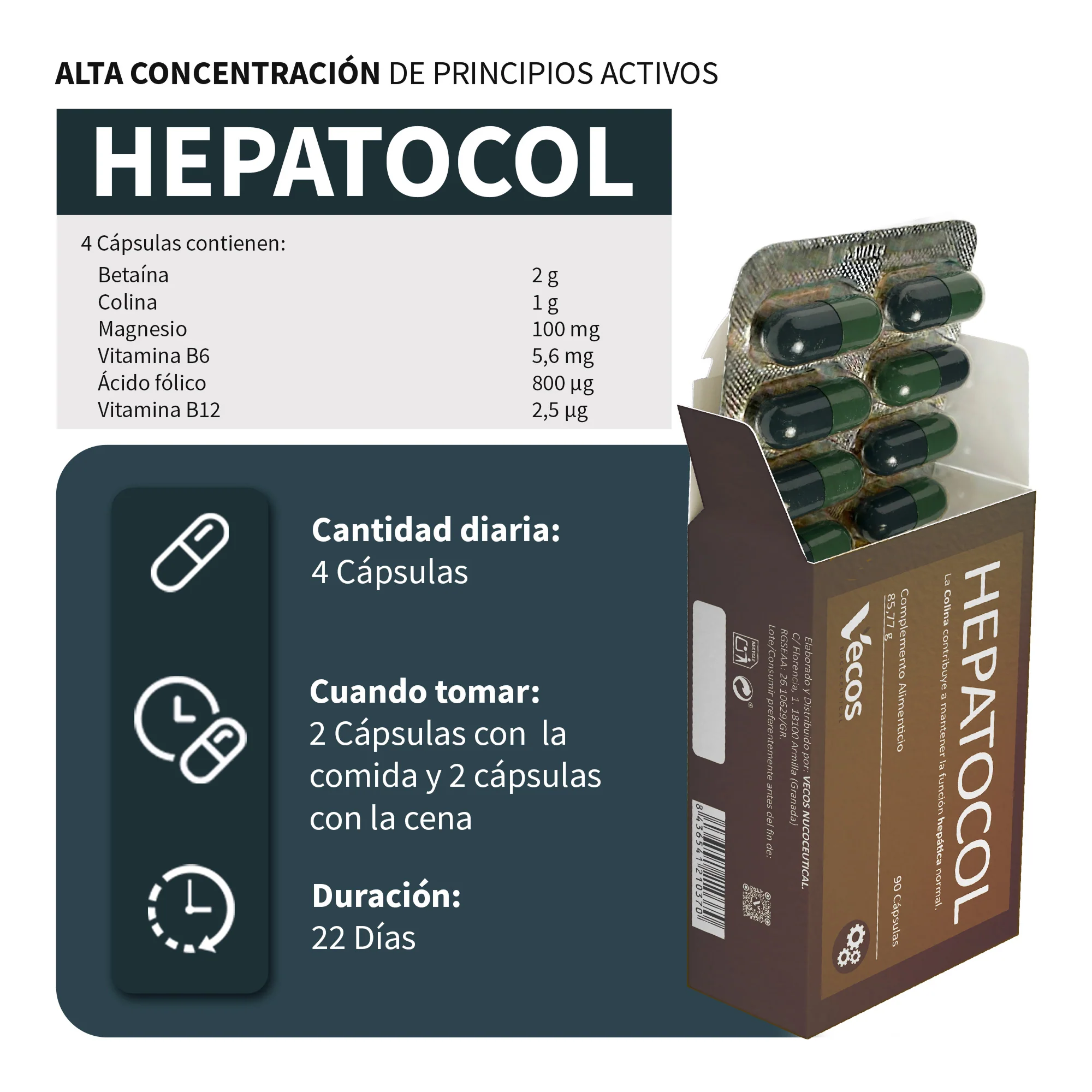 Hepatocol Vecos 90 Cápsulas | Control De Hígado Graso | Colina + Betaína - Image 3