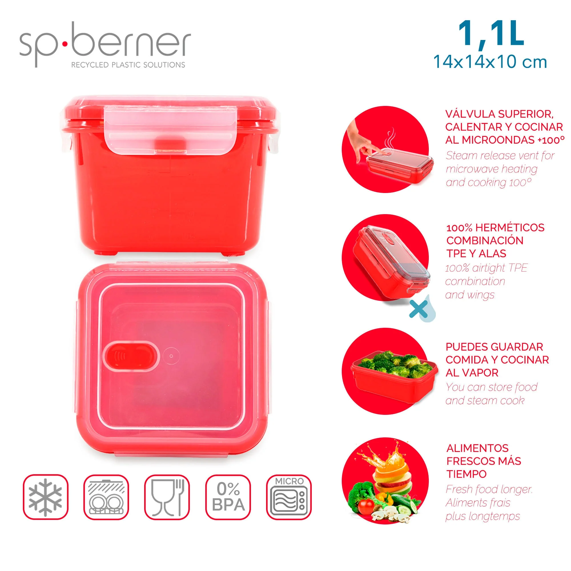 Hermético Super Lock Micro 1,1 L., Cuadrado, Apto Para Cocinar Al Vapor En El Microondas, Ideal Transporte Y Almacenamiento De Alimentos, Cierre Clip - Image 3