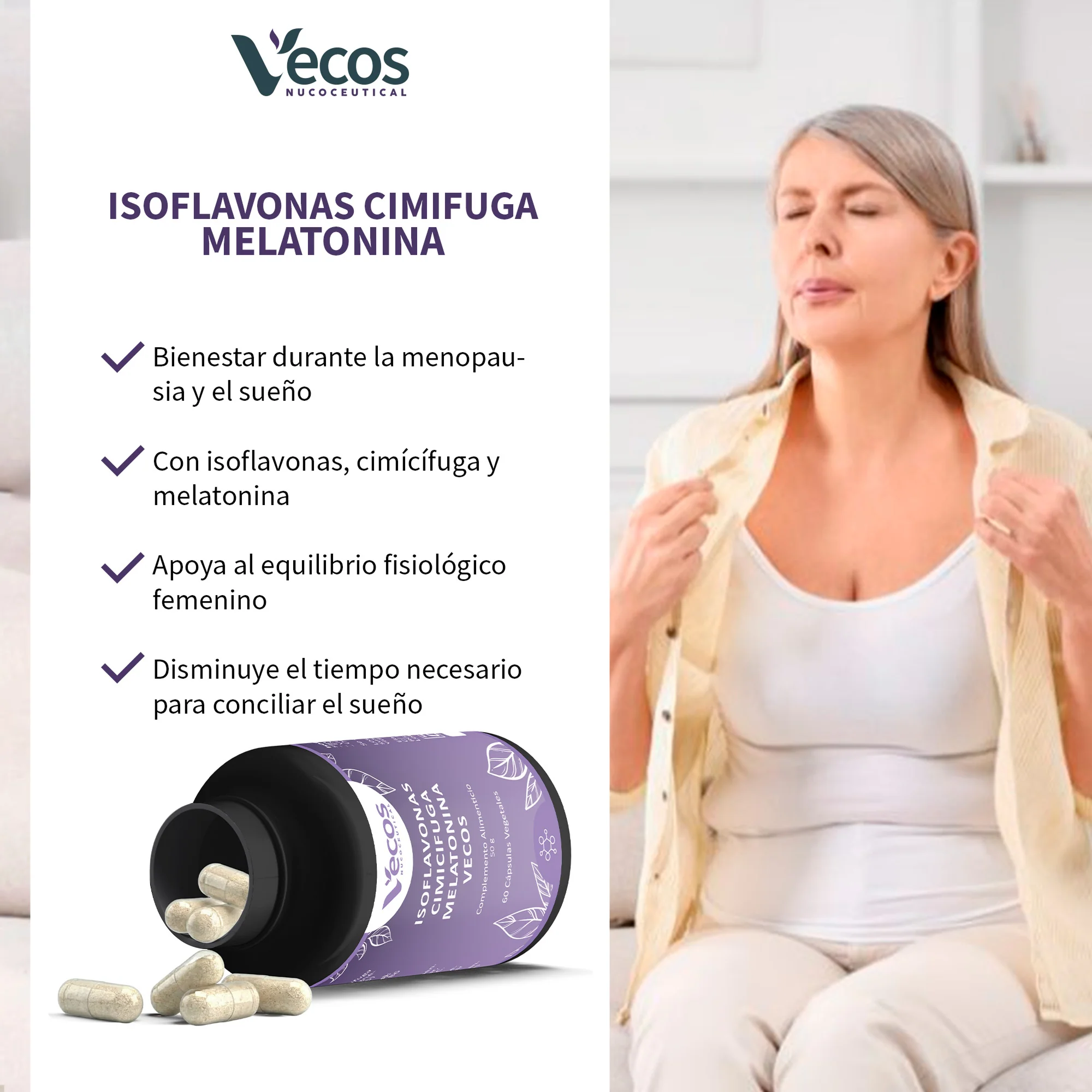 Isoflavonas + Cimicífuga + Melatonina Vecos 60 Cápsulas | Menopausia, Descanso Y Equilibrio Hormonal - Image 4