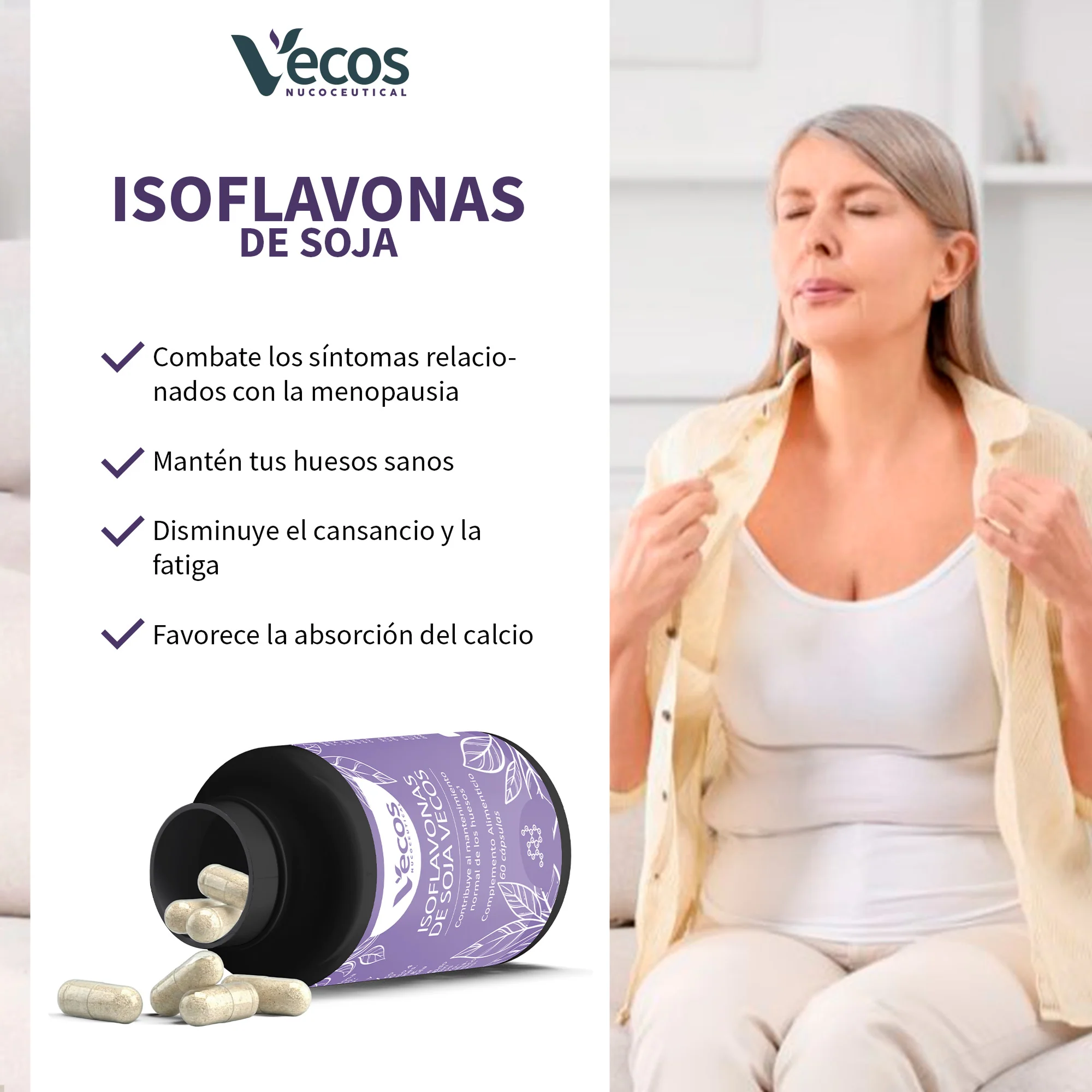 Isoflavonas De Soja 86 Mg Vecos 60 Cápsulas | Bienestar En La Menopausia Y Equilibrio Hormonal | Con Vitamina B6 - Image 4
