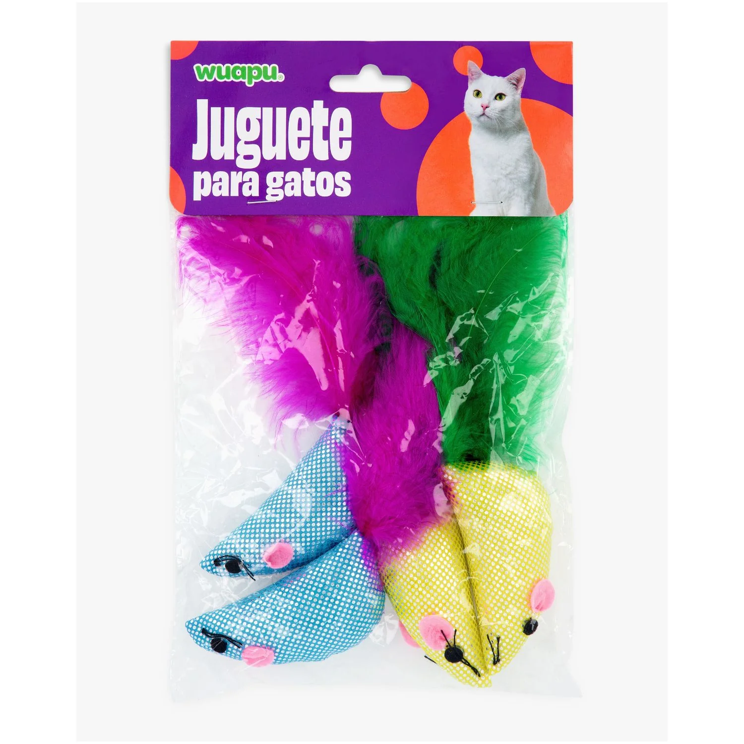 Juguete Para Gato En Pack De 4 Ratones Con Pluma En La Cola. De 6,5cm En Surtido De Colores Wuapu