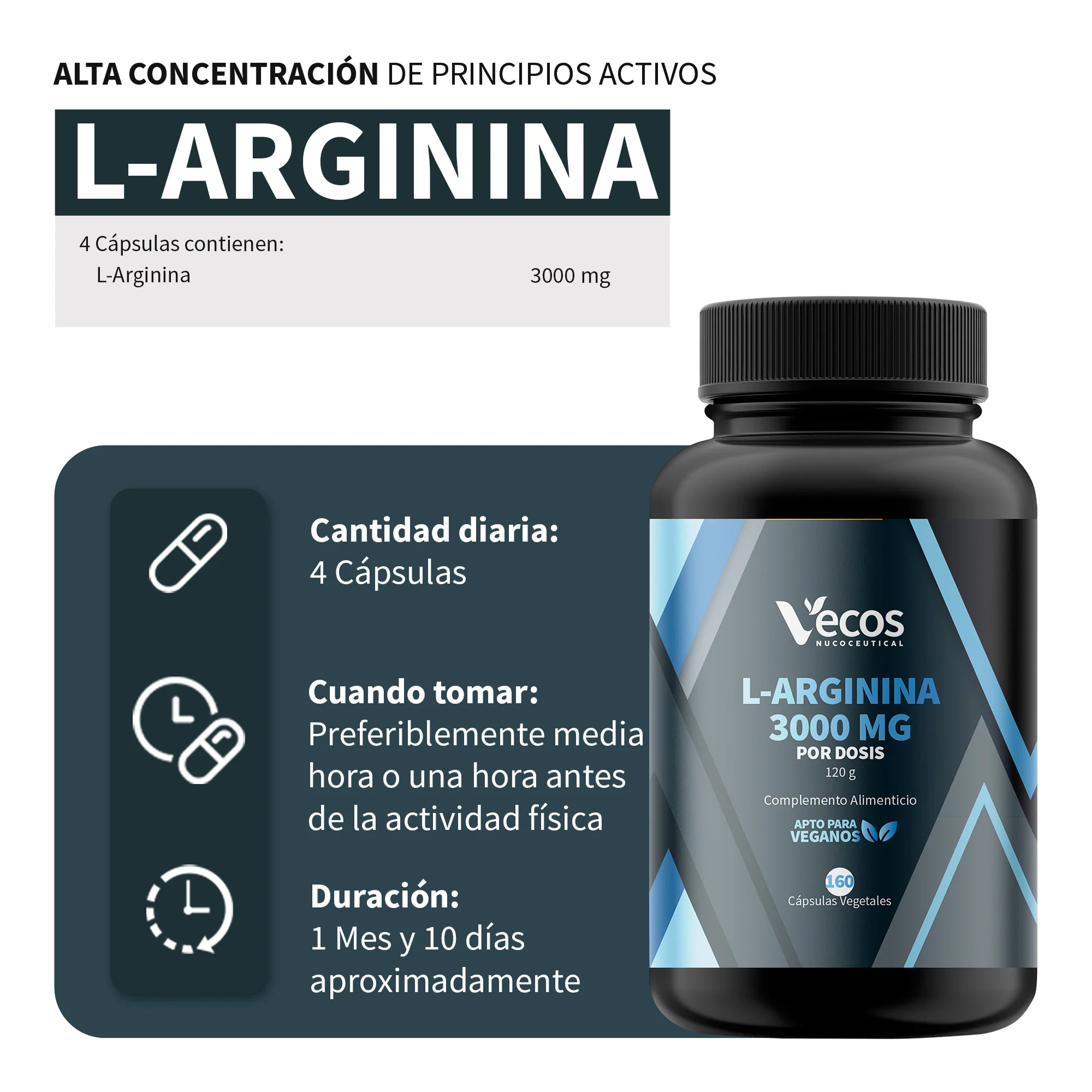 L-arginina 3000 Mg Vecos 160 Cápsulas | Rendimiento Y Fuerza Muscular | Óxido Nítrico - Image 3