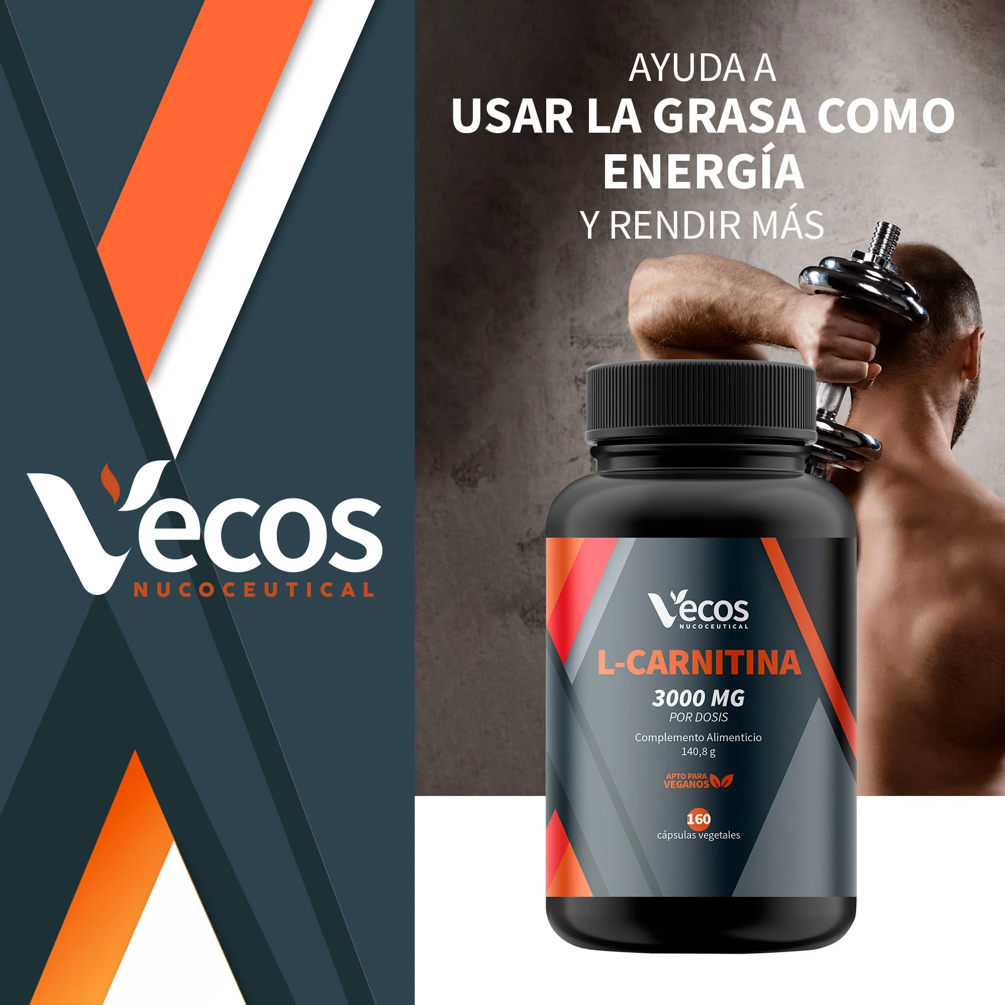 L-carnitina Pura 3000 Mg Vecos 160 Cápsulas | Quema De Grasas, Energía Y Resistencia - Image 2