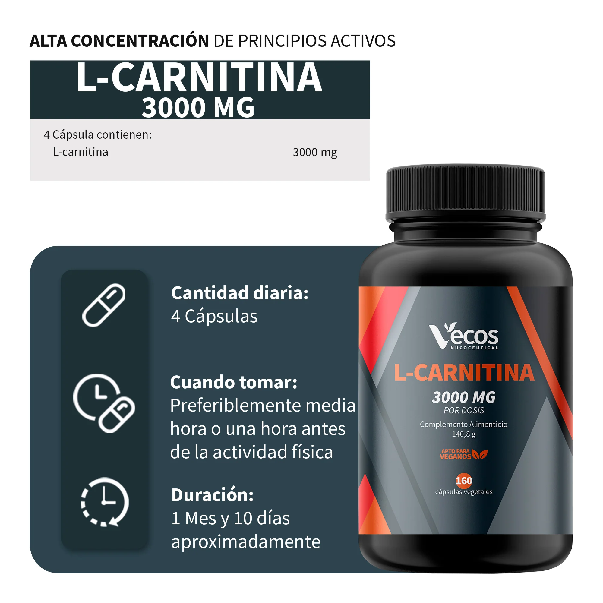 L-carnitina Pura 3000 Mg Vecos 160 Cápsulas | Quema De Grasas, Energía Y Resistencia - Image 3