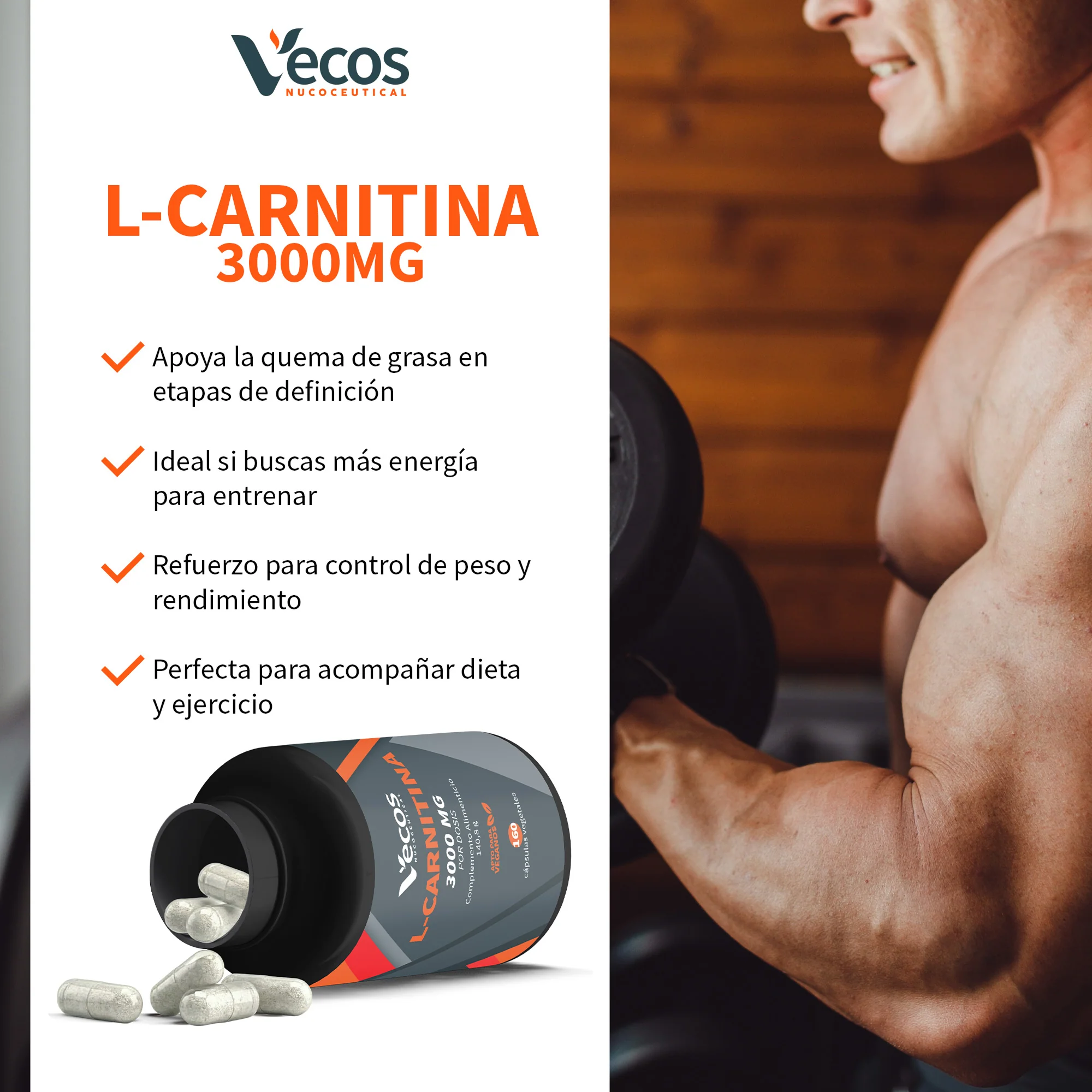 L-carnitina Pura 3000 Mg Vecos 160 Cápsulas | Quema De Grasas, Energía Y Resistencia - Image 4
