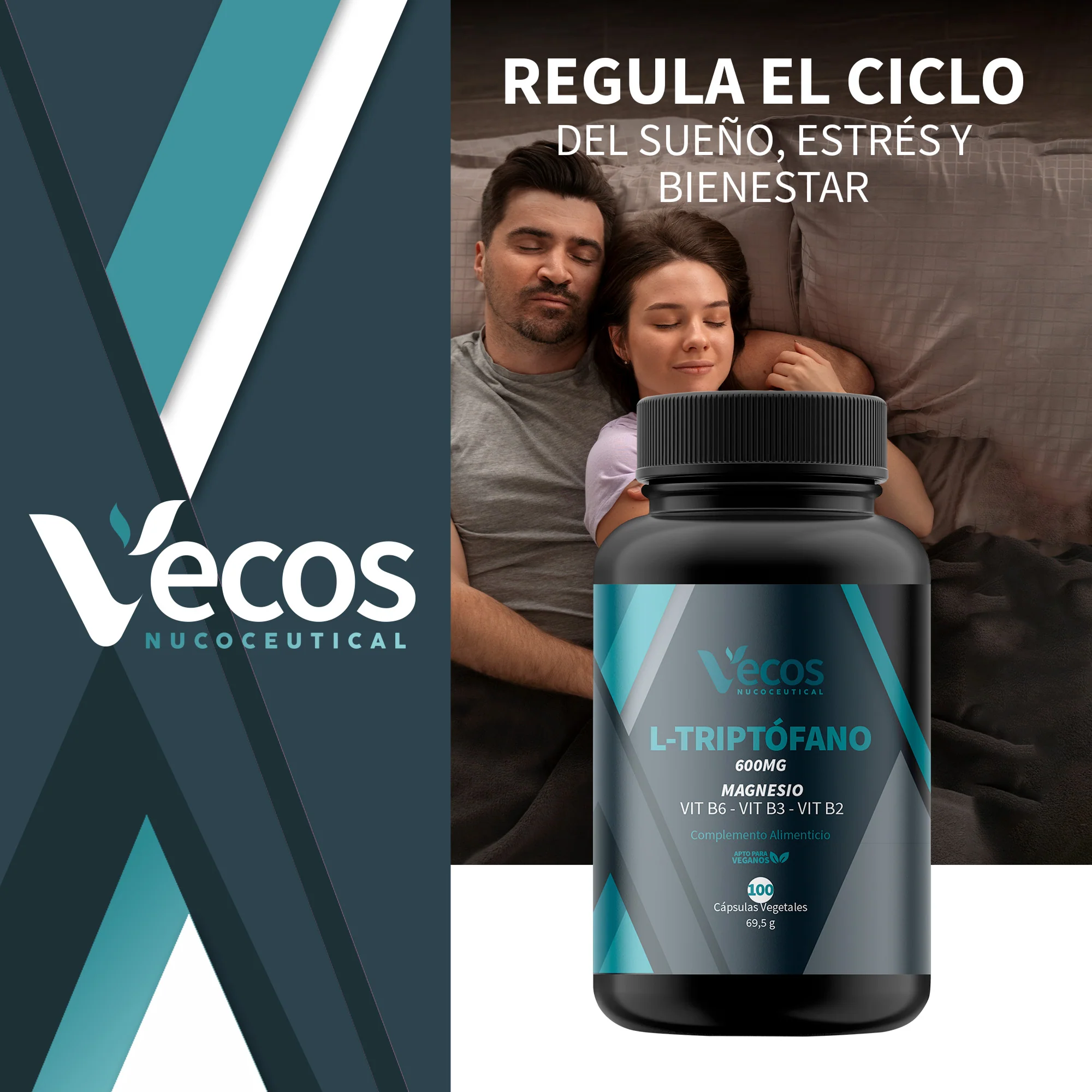 L-triptófano 600 Mg Vecos 100 Cápsulas | Relajación, Descanso Y Equilibrio Emocional | Con Magnesio Y Vitaminas B - Image 2