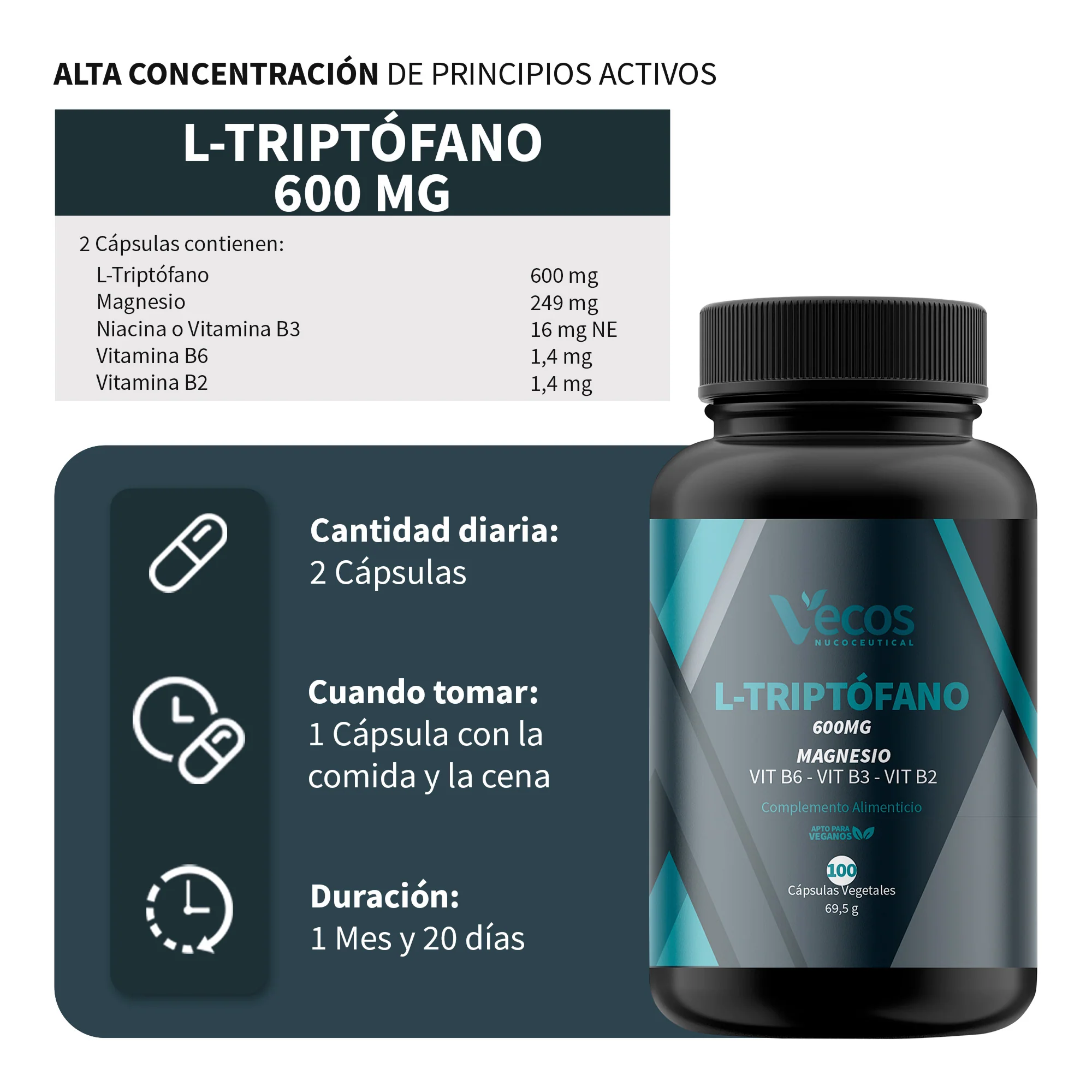L-triptófano 600 Mg Vecos 100 Cápsulas | Relajación, Descanso Y Equilibrio Emocional | Con Magnesio Y Vitaminas B - Image 3