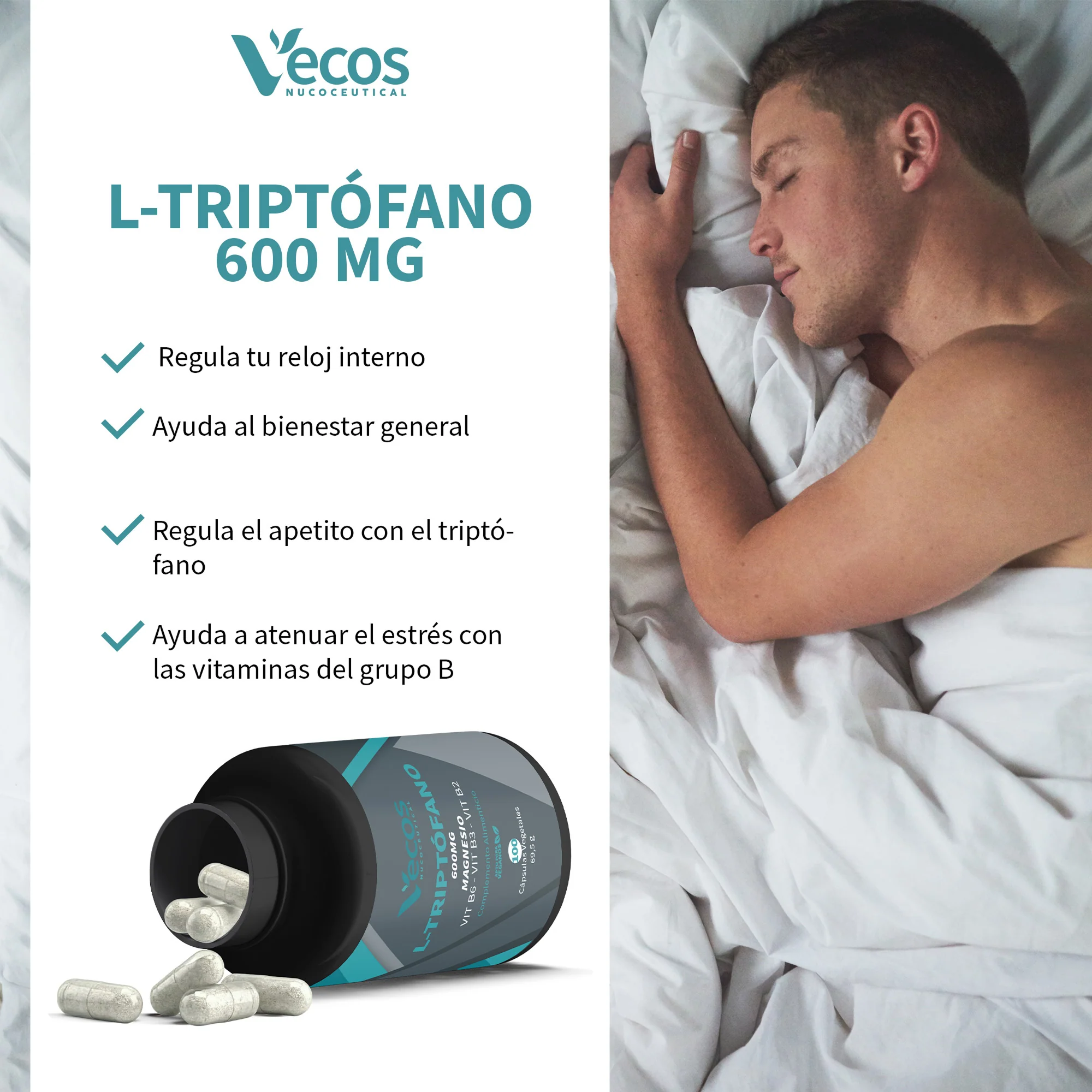 L-triptófano 600 Mg Vecos 100 Cápsulas | Relajación, Descanso Y Equilibrio Emocional | Con Magnesio Y Vitaminas B - Image 4