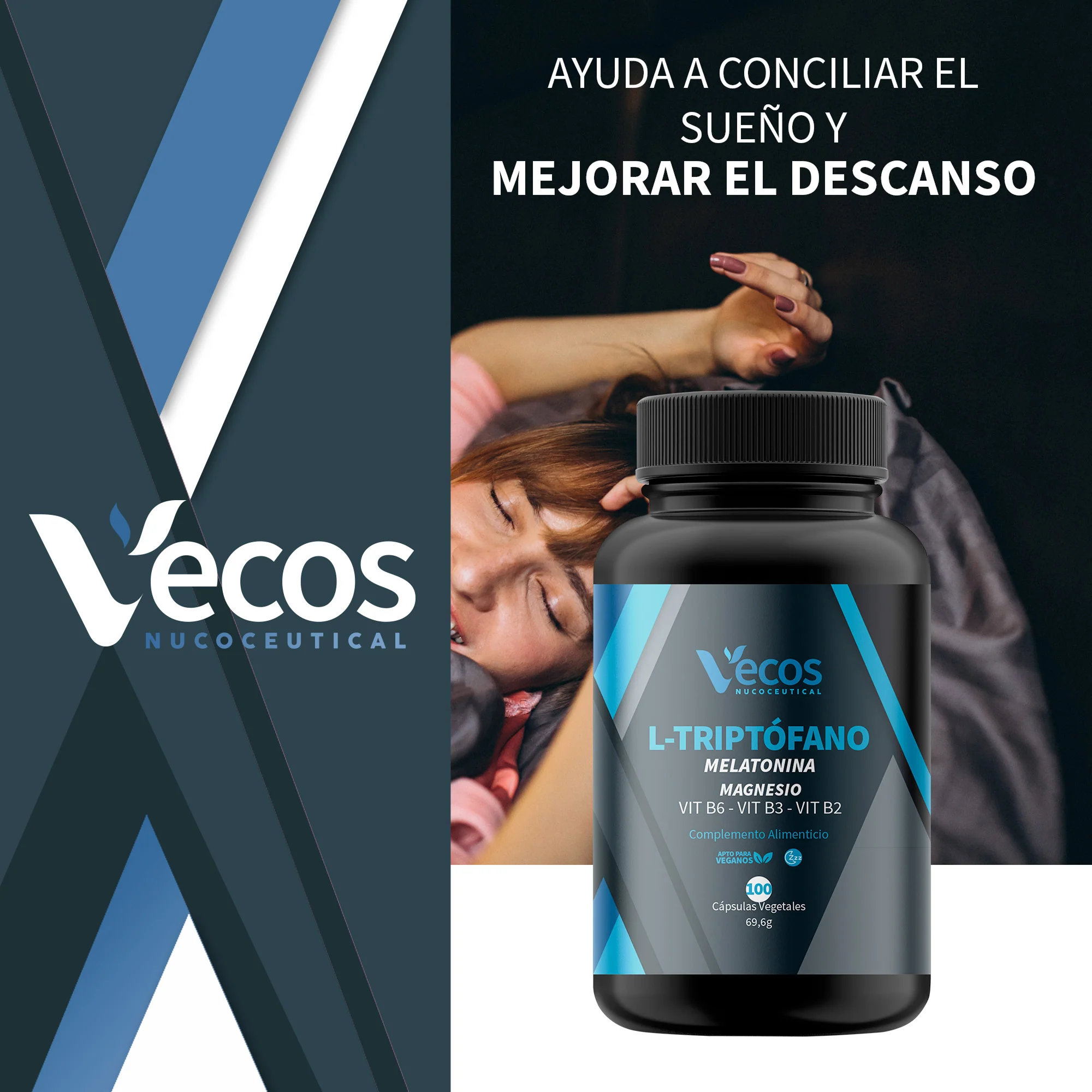 L-triptófano + Melatonina Vecos 100 Cápsulas | Conciliar El Sueño Y Descanso | Con Magnesio Y Vitamina B6 - Image 2