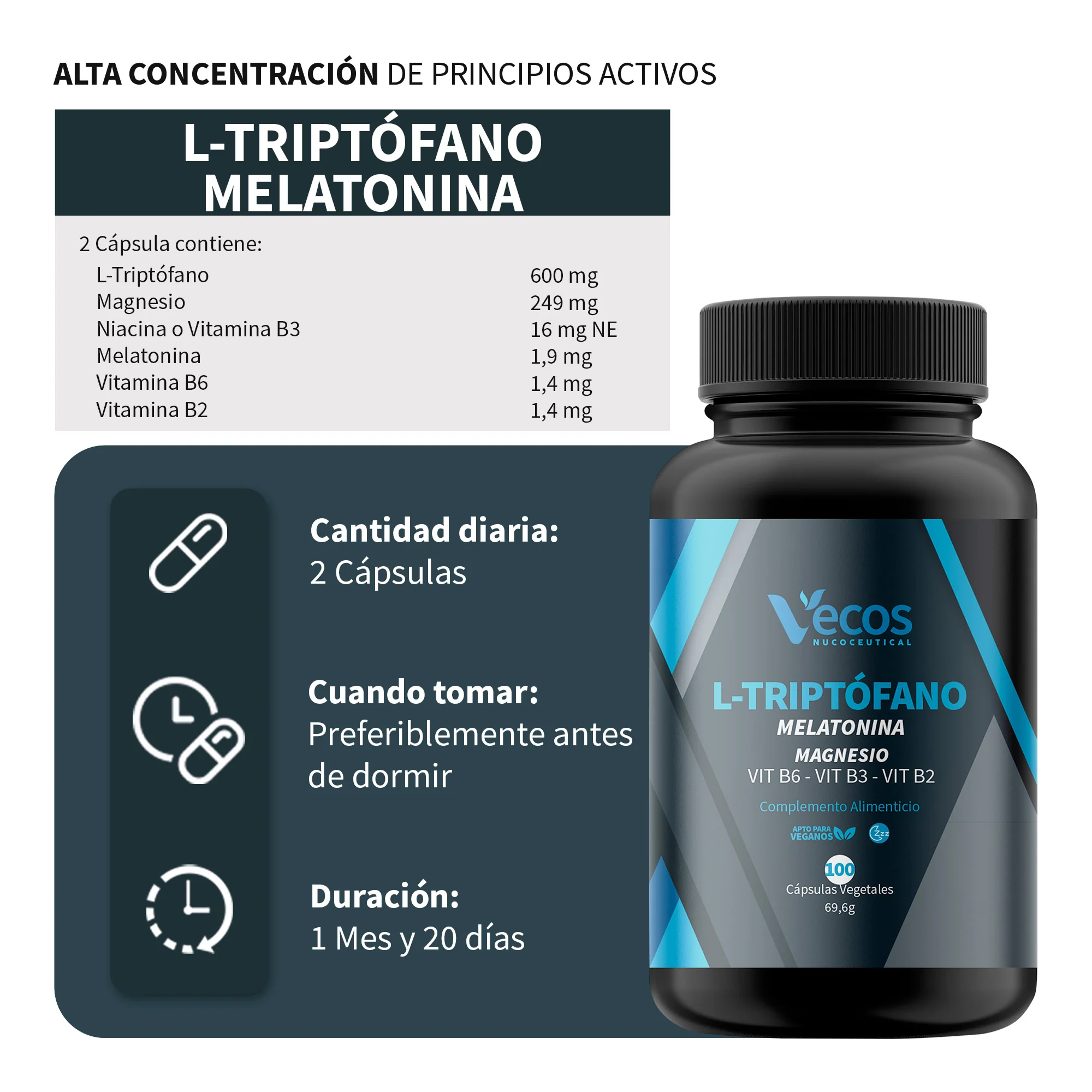 L-triptófano + Melatonina Vecos 100 Cápsulas | Conciliar El Sueño Y Descanso | Con Magnesio Y Vitamina B6 - Image 3